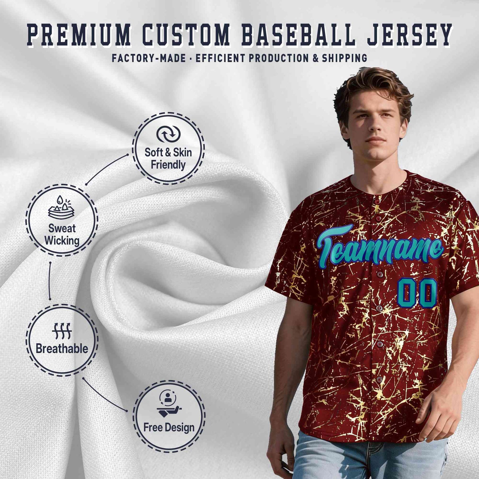 Custom Crimson Aqua Black&Gold Marble Print Clubwear Party Streetwear Baseball Jersey