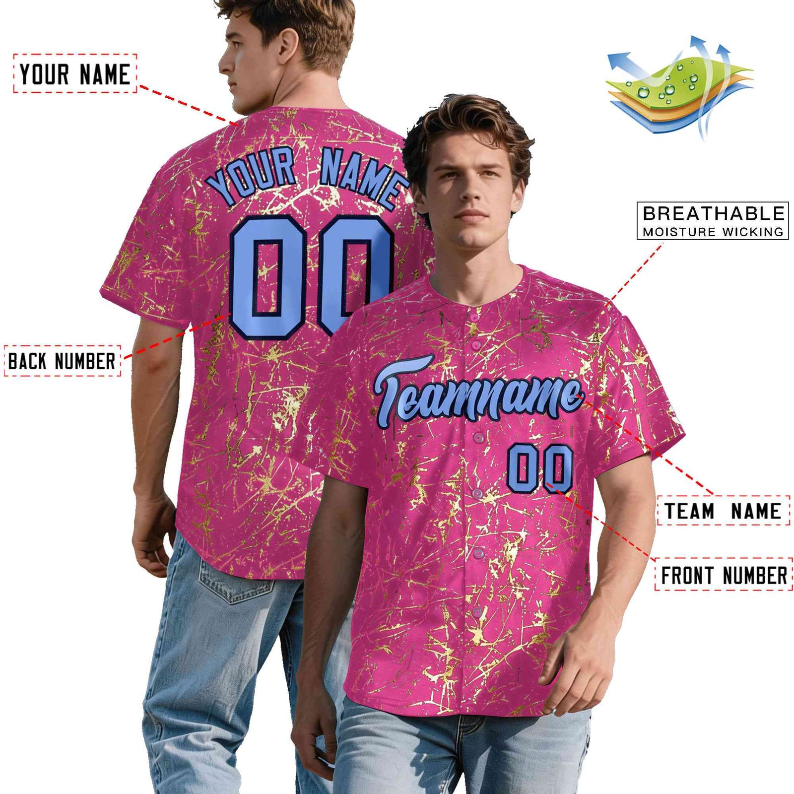 Custom Pink Light Blue Black&Gold Marble Print Clubwear Party Streetwear Baseball Jersey