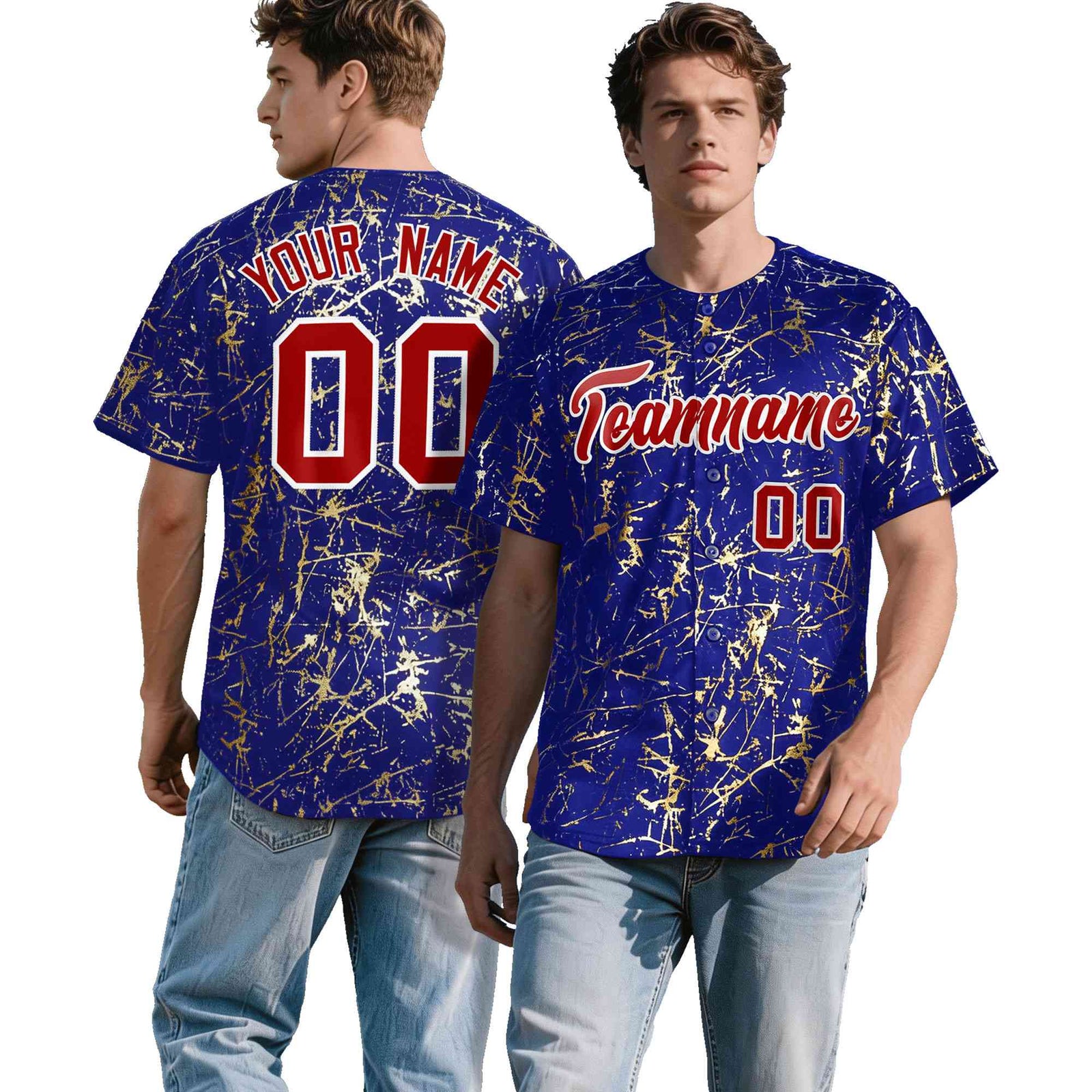 Custom Royal Red Metallic Gold Splatter Breathable&Wrinkle-Resistant Baseball Jersey