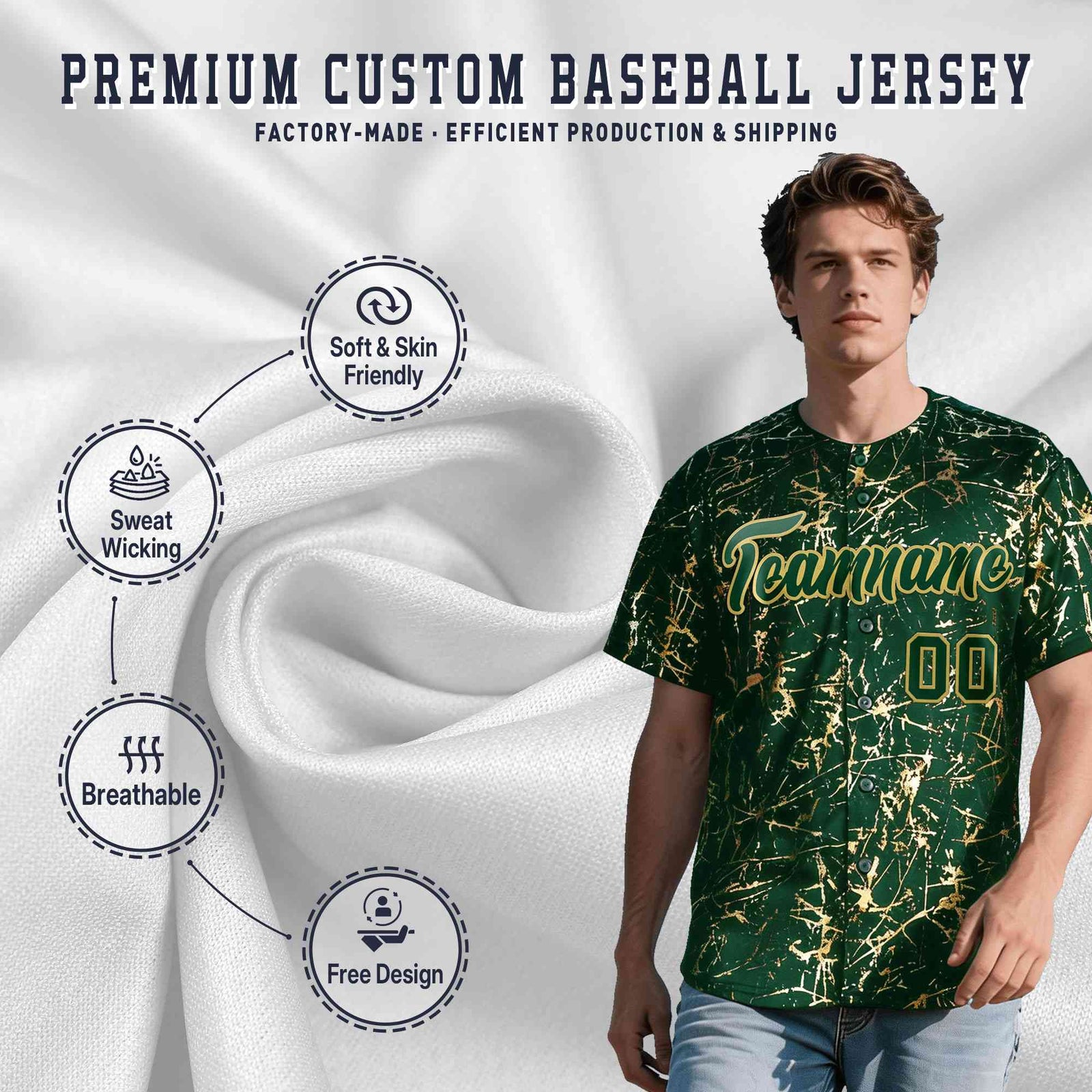 Custom Green Old Gold Shiny Gold Cracked Texture Baseball Jersey