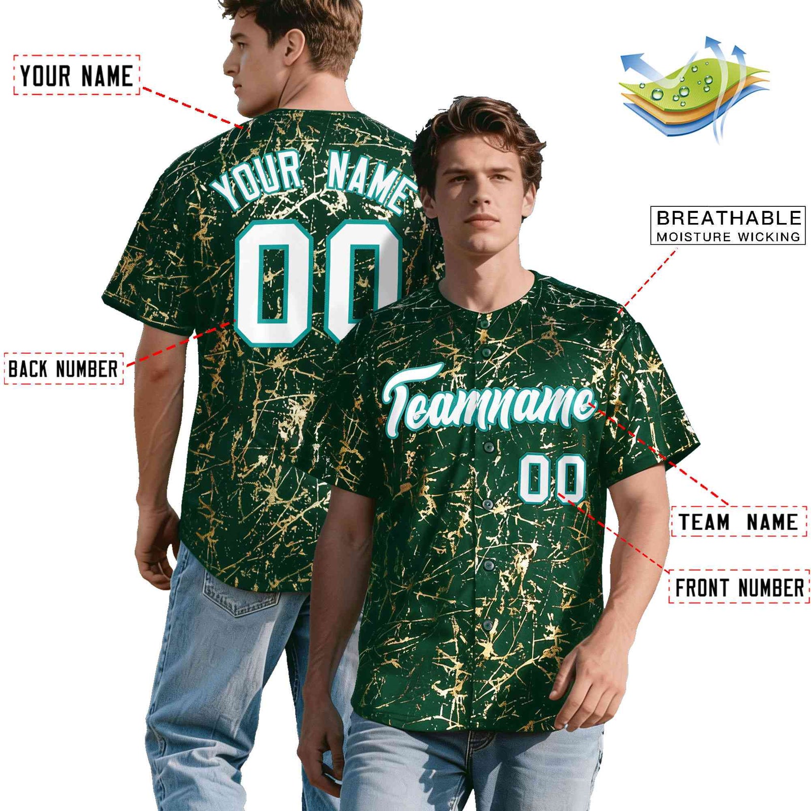 Custom Green White Black&Shiny Gold Cracked Foil Breathable Mesh Streetwear Baseball Jersey