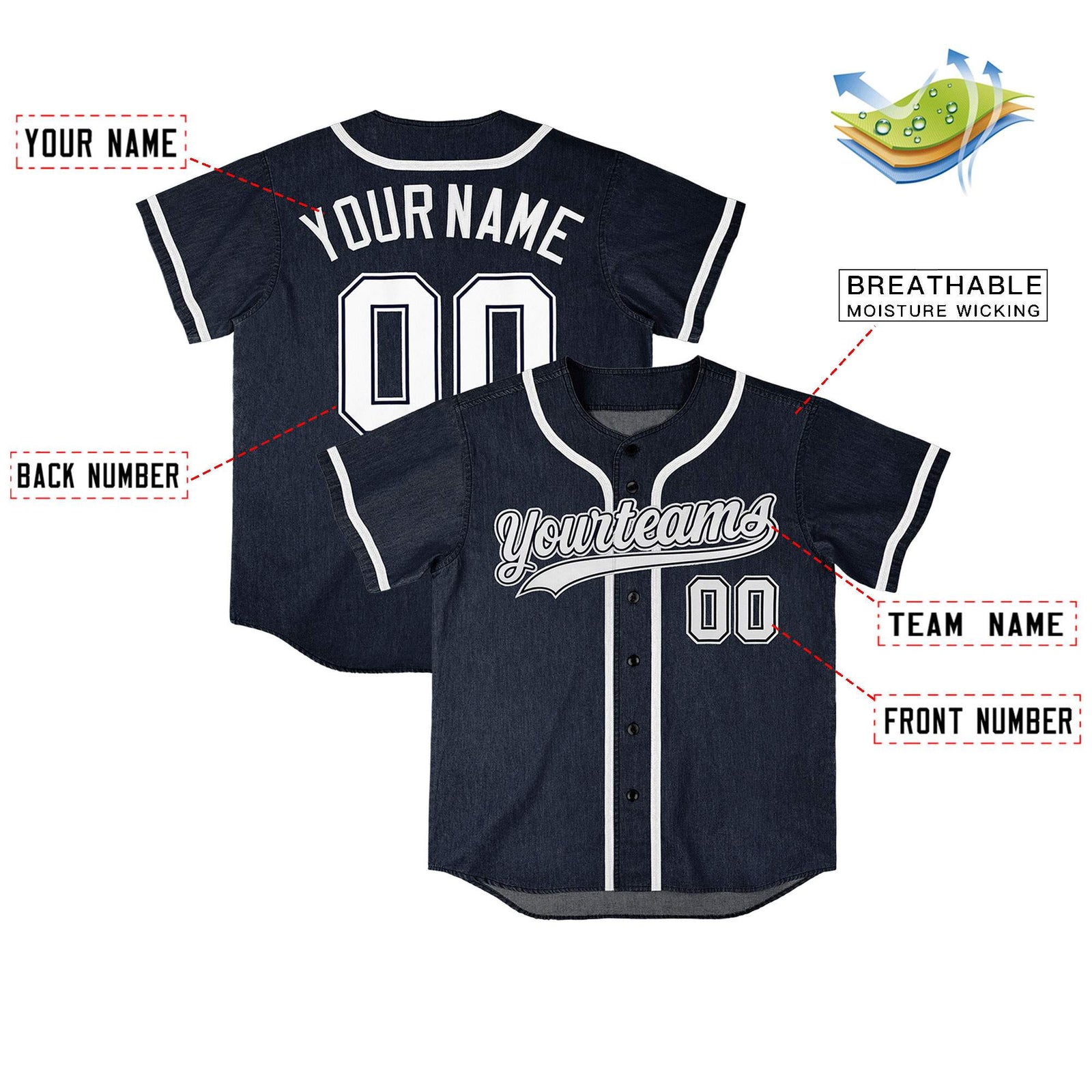 Custom Navy Personalized Denim Baseball Jersey For Men Women Boy
