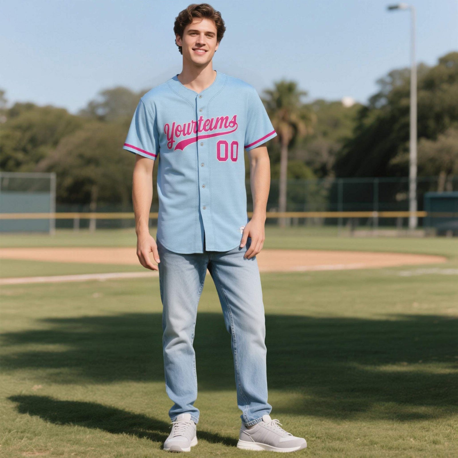 Custom Powder Blue Personalized Denim Baseball Jersey For Men Women Boy