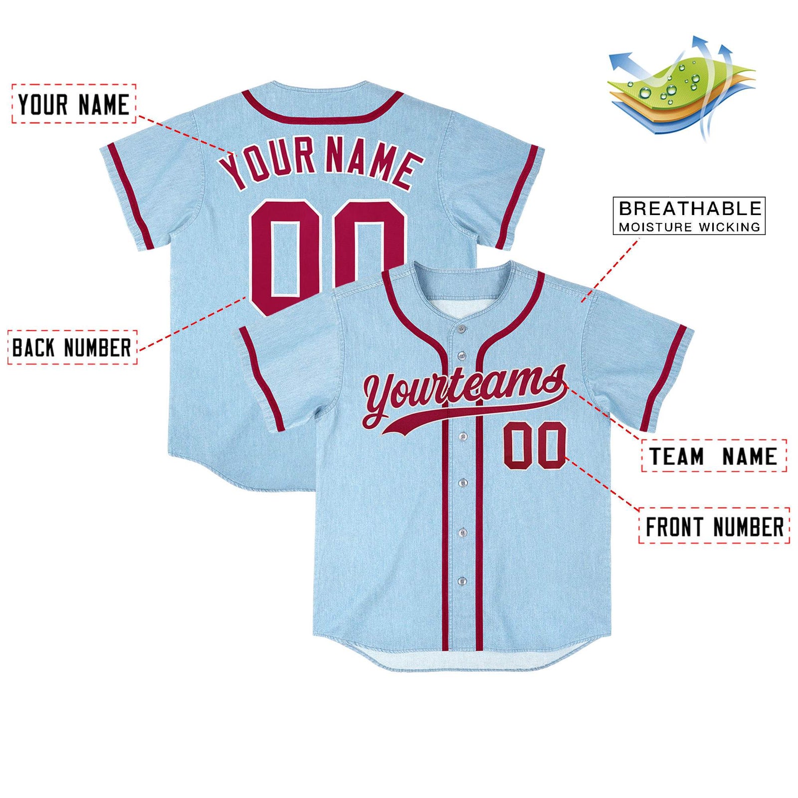 Custom Powder Blue Personalized Denim Baseball Jersey For Men Women Boy