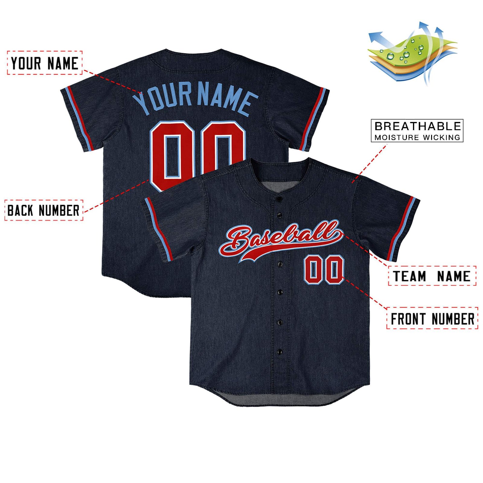 Custom Navy Personalized Denim Baseball Jersey For Men Women Boy