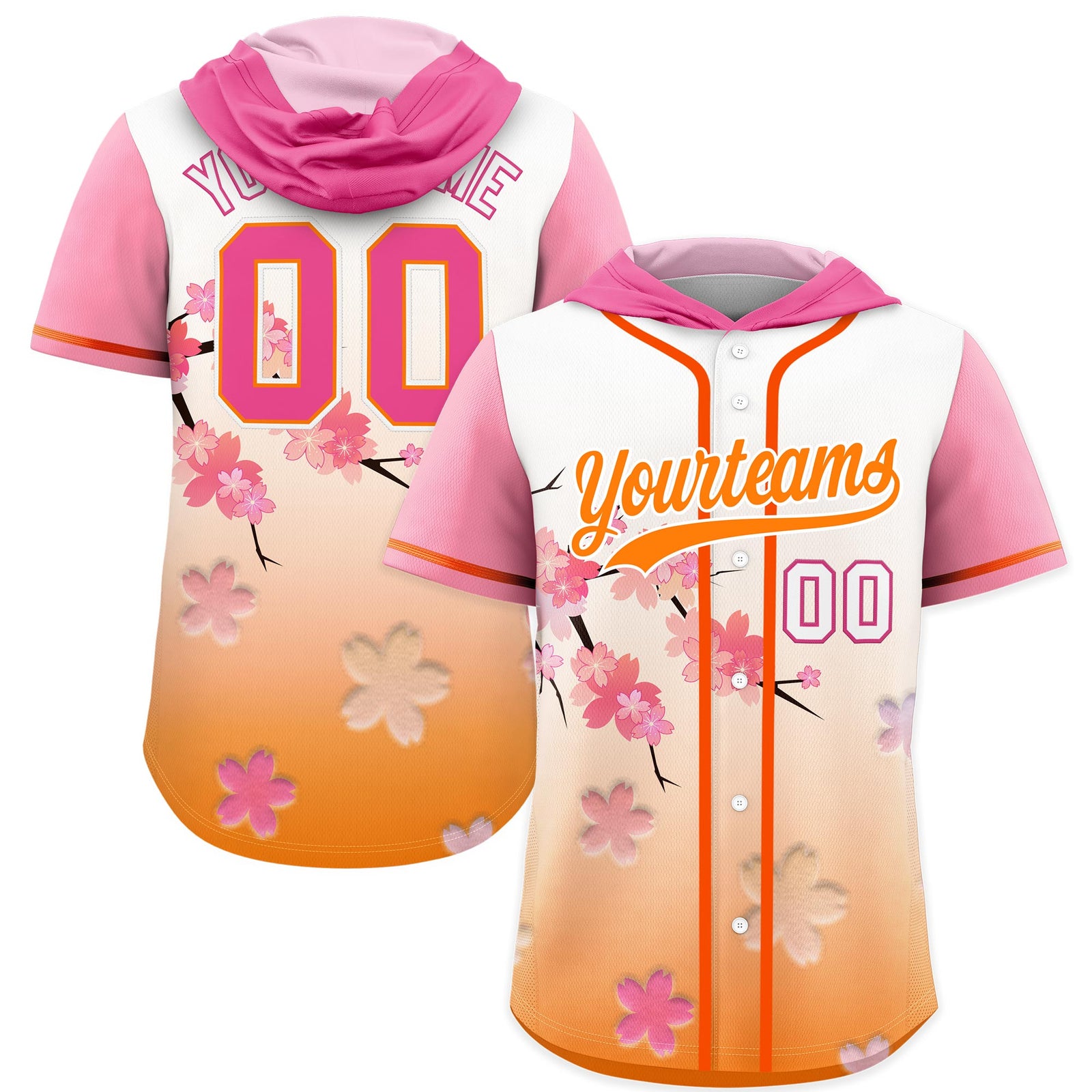 Custom Hooded Baseball Jersey | Pink Orange Cherry Blossom Personalized Name & Number Sport Jersey