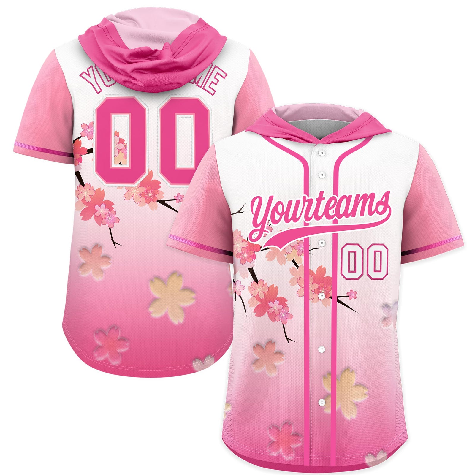 Custom Hooded Baseball Jersey | Pink White Cherry Blossom Personalized Name & Number Sport Jersey