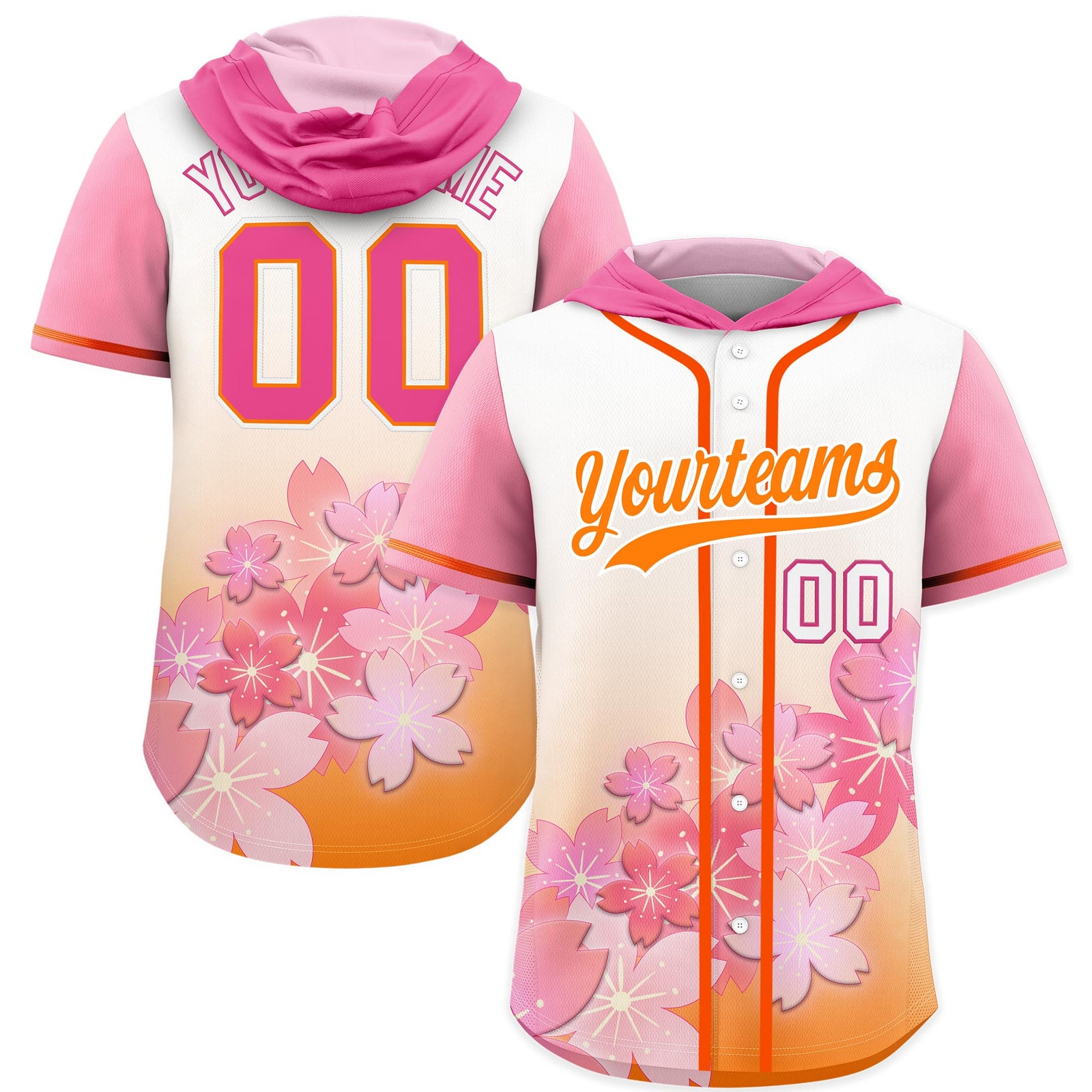 Custom Hooded Baseball Jersey | Pink Orange Cherry Blossom Moisture-Wicking Jersey for Men & Women