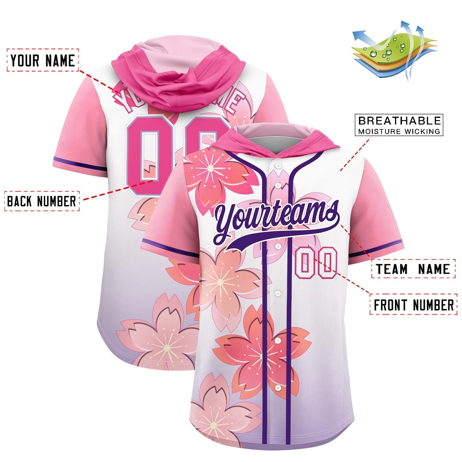 Custom Hooded Baseball Jersey | Pink Purple Cherry Blossom Breathable Athleisure Streetwear