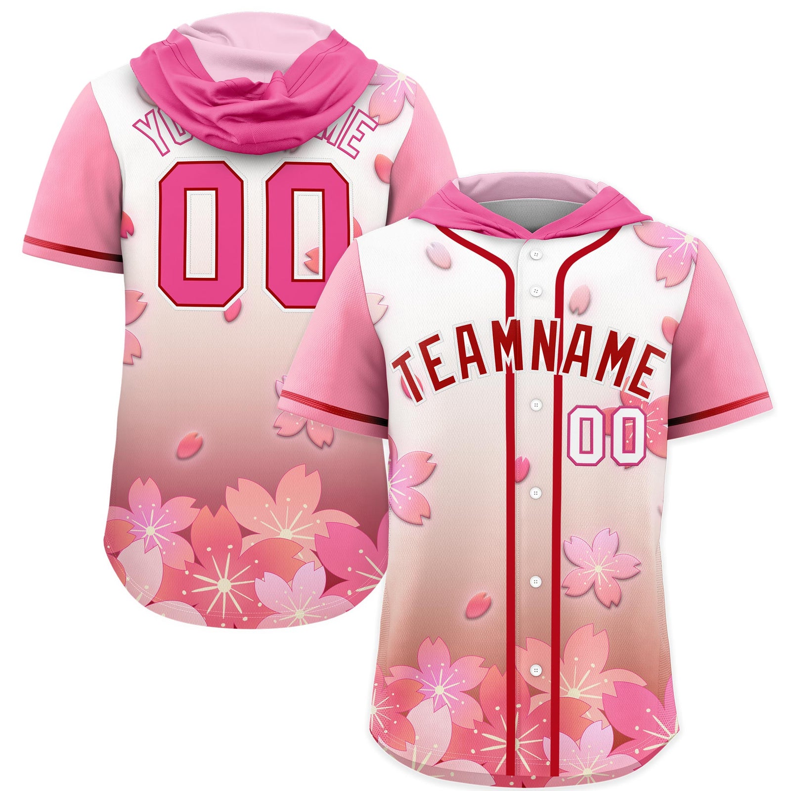 Custom Hooded Baseball Jersey | Pink Red Cherry Blossom Moisture-Wicking Jersey for Men & Women