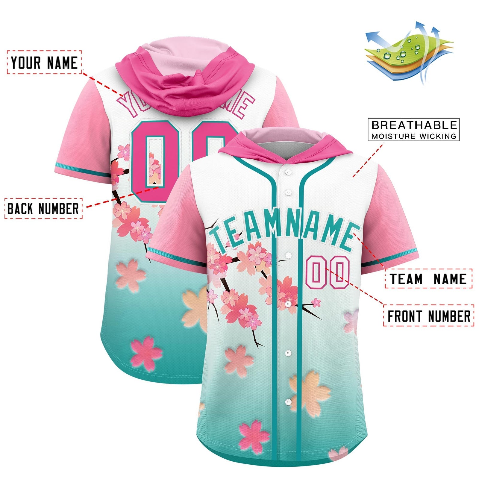 Custom Hooded Baseball Jersey | Pink Aqua Cherry Blossom Personalized Name & Number Sport Jersey