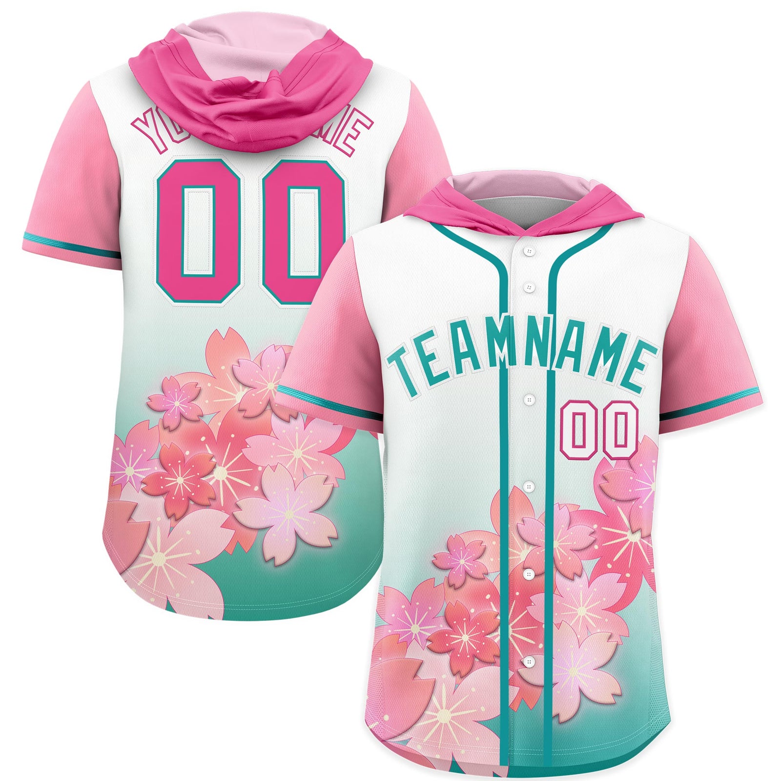 Custom Hooded Baseball Jersey | Pink Aqua Cherry Blossom Moisture-Wicking Jersey for Men & Women