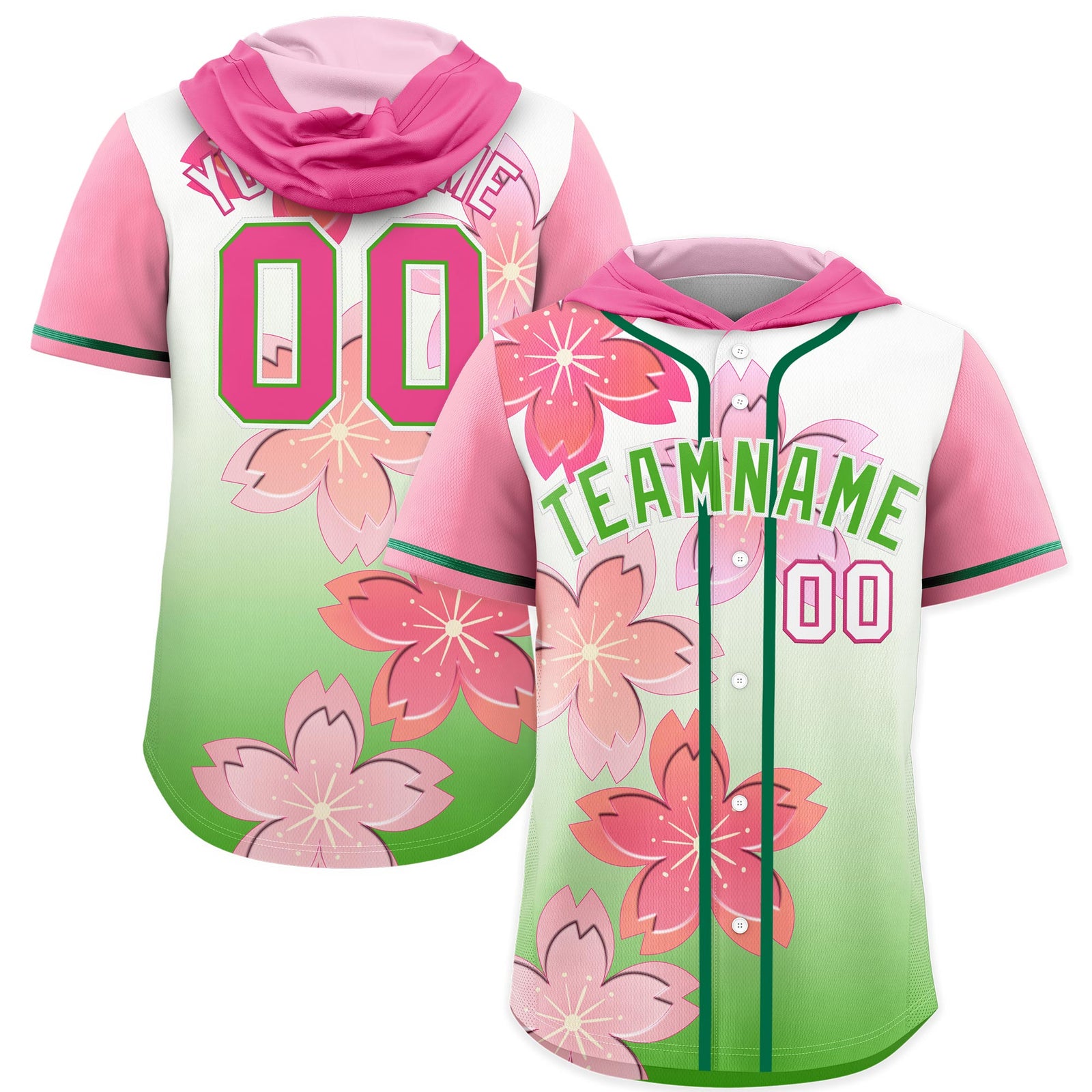 Custom Hooded Baseball Jersey | Pink Light Green Cherry Blossom Breathable Athleisure Streetwear