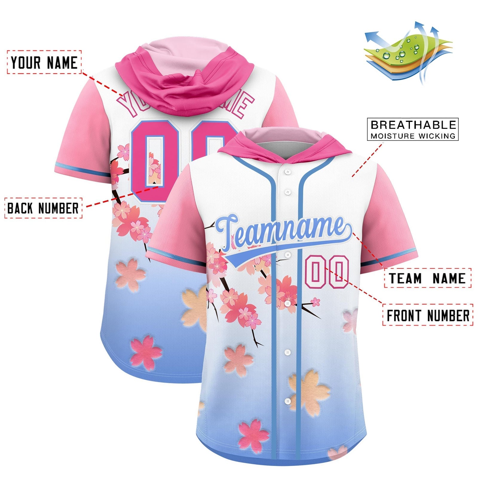 Custom Hooded Baseball Jersey | Pink Light Blue Cherry Blossom Breathable Athleisure Streetwear