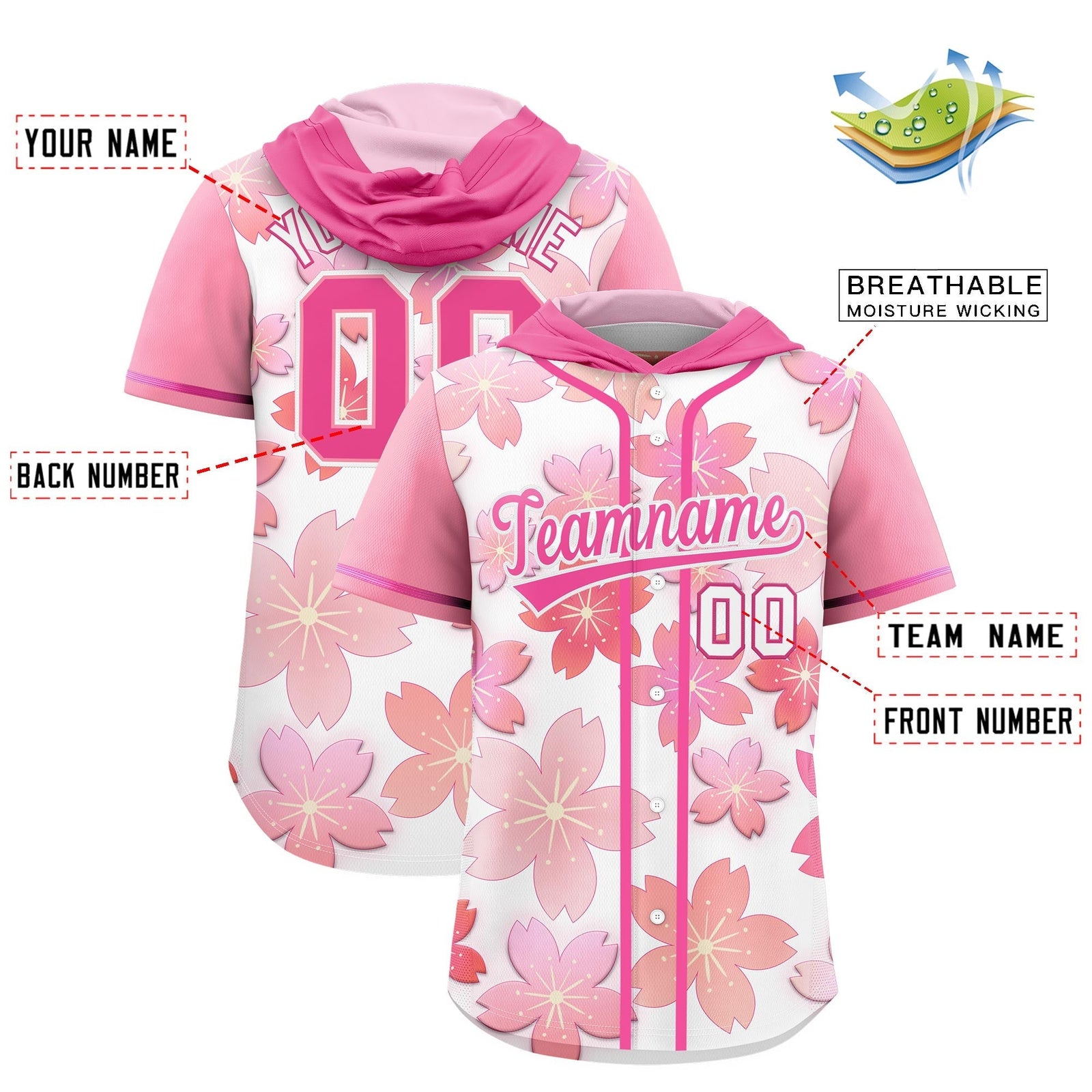 Custom Hooded Baseball Jersey | Pink White Cherry Blossom Moisture-Wicking Jersey for Men & Women