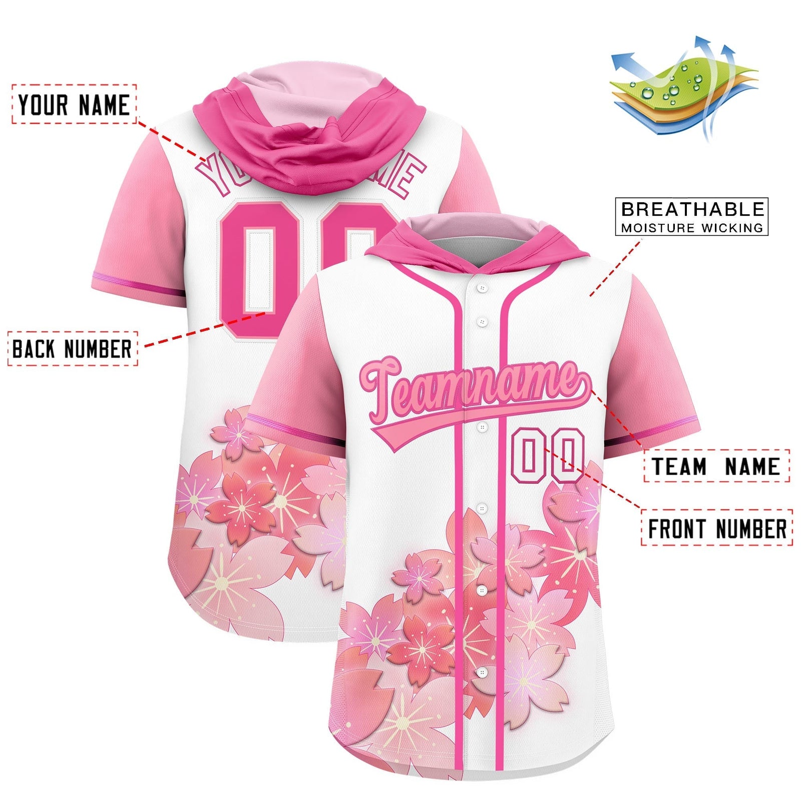 Custom Hooded Baseball Jersey | Pink Light Pink Cherry Blossom Personalized Name & Number Sport Jersey