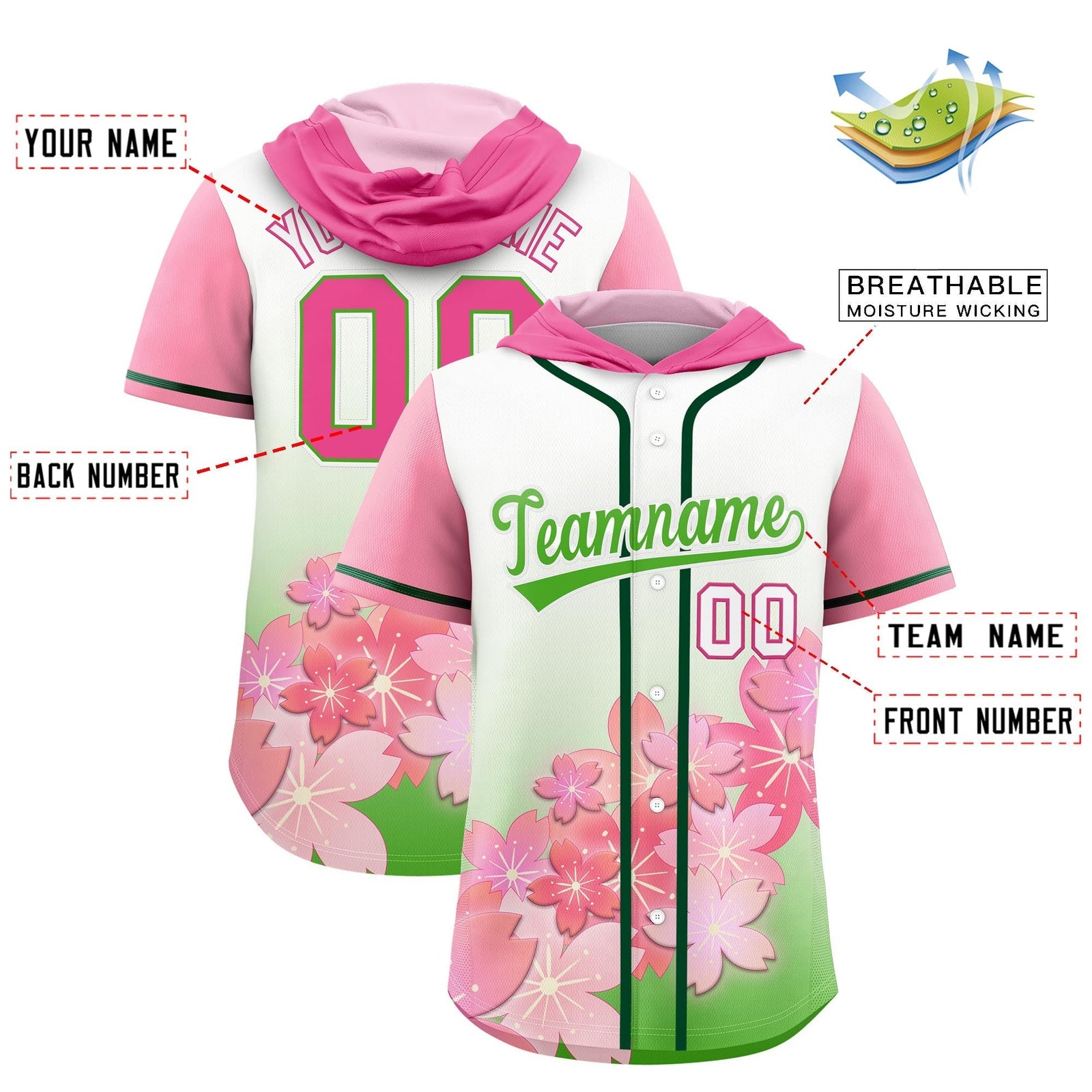 Custom Hooded Baseball Jersey | Pink Light Green Cherry Blossom Breathable Athleisure Streetwear