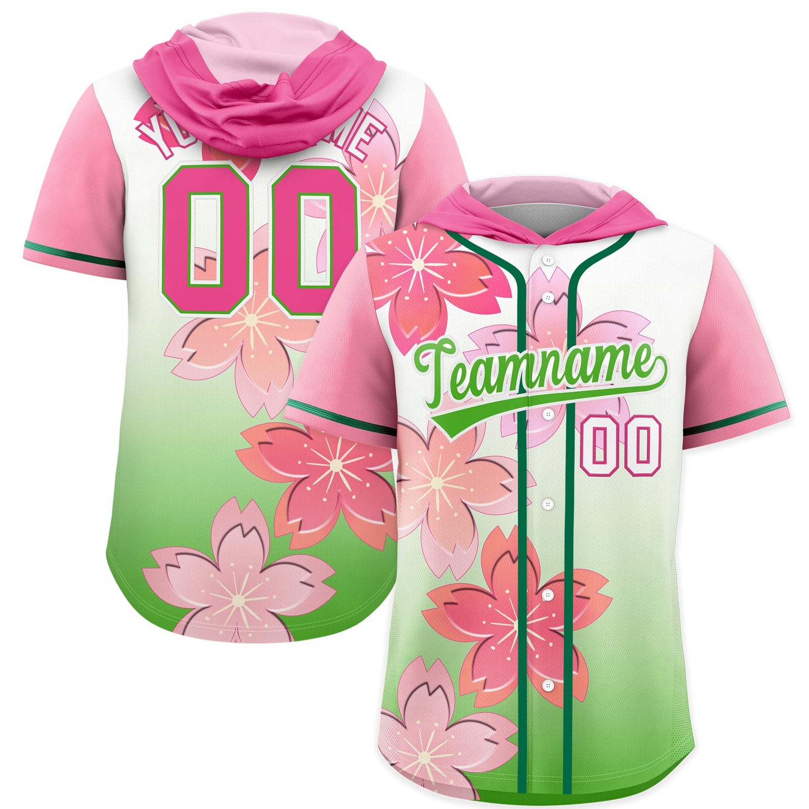 Custom Hooded Baseball Jersey | Pink Light Green Cherry Blossom Breathable Athleisure Streetwear