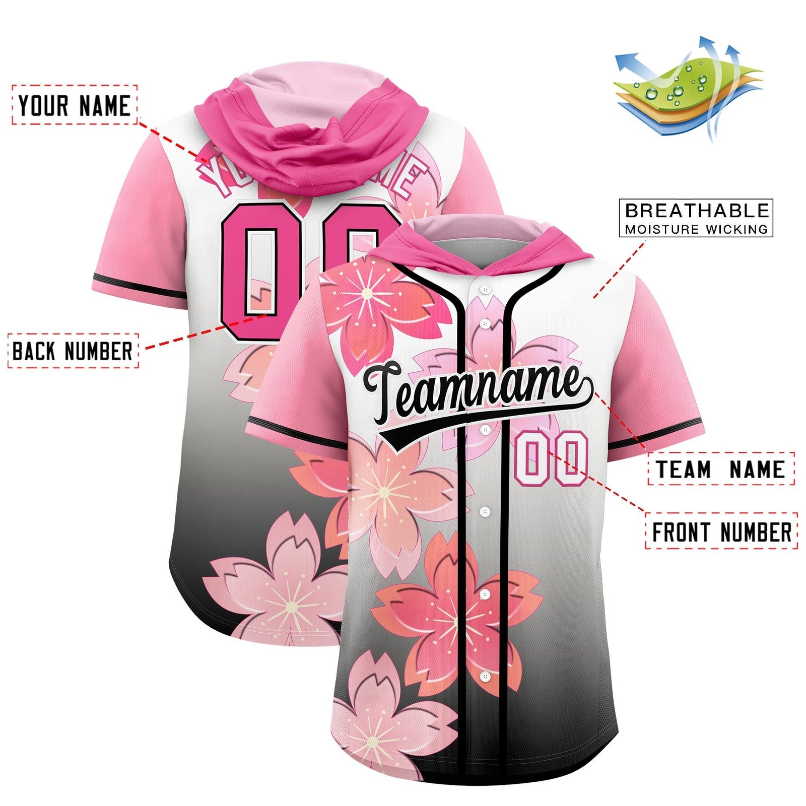 Custom Hooded Baseball Jersey | Pink Black Cherry Blossom Moisture-Wicking Jersey for Men & Women
