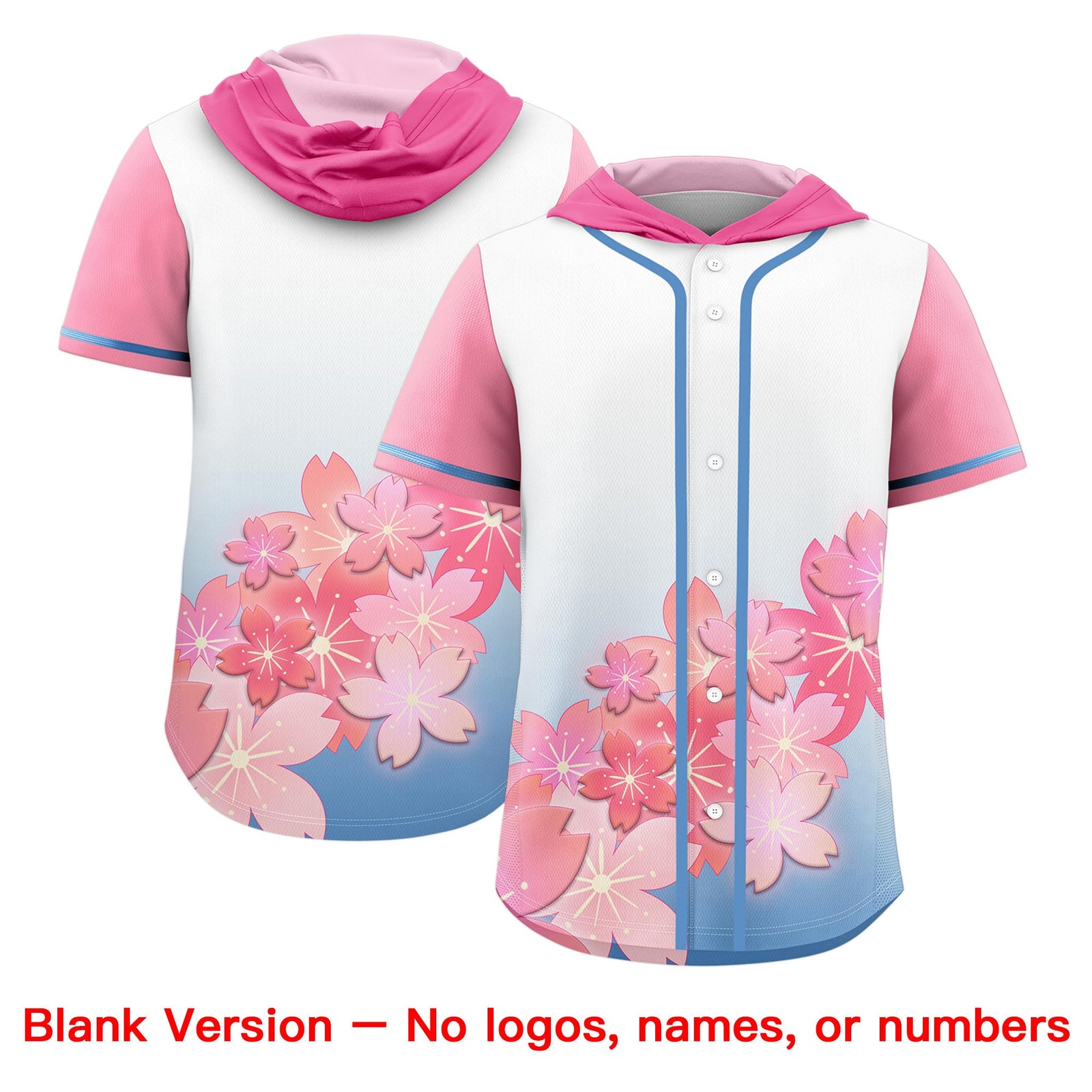 Custom Hooded Baseball Jersey | Pink Light Blue Cherry Blossom Personalized Name & Number Sport Jersey