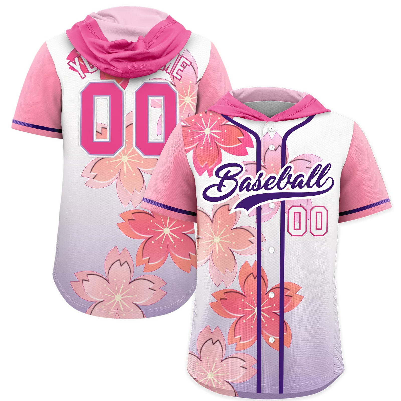 Custom Hooded Baseball Jersey | Pink Purple Cherry Blossom Breathable Athleisure Streetwear