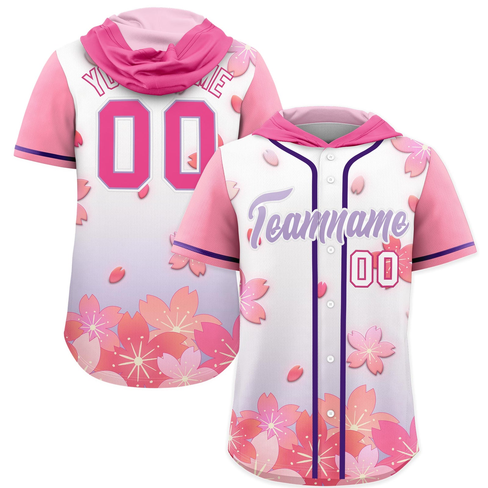 Custom Hooded Baseball Jersey | Pink Light Purple Cherry Blossom Personalized Name & Number Sport Jersey