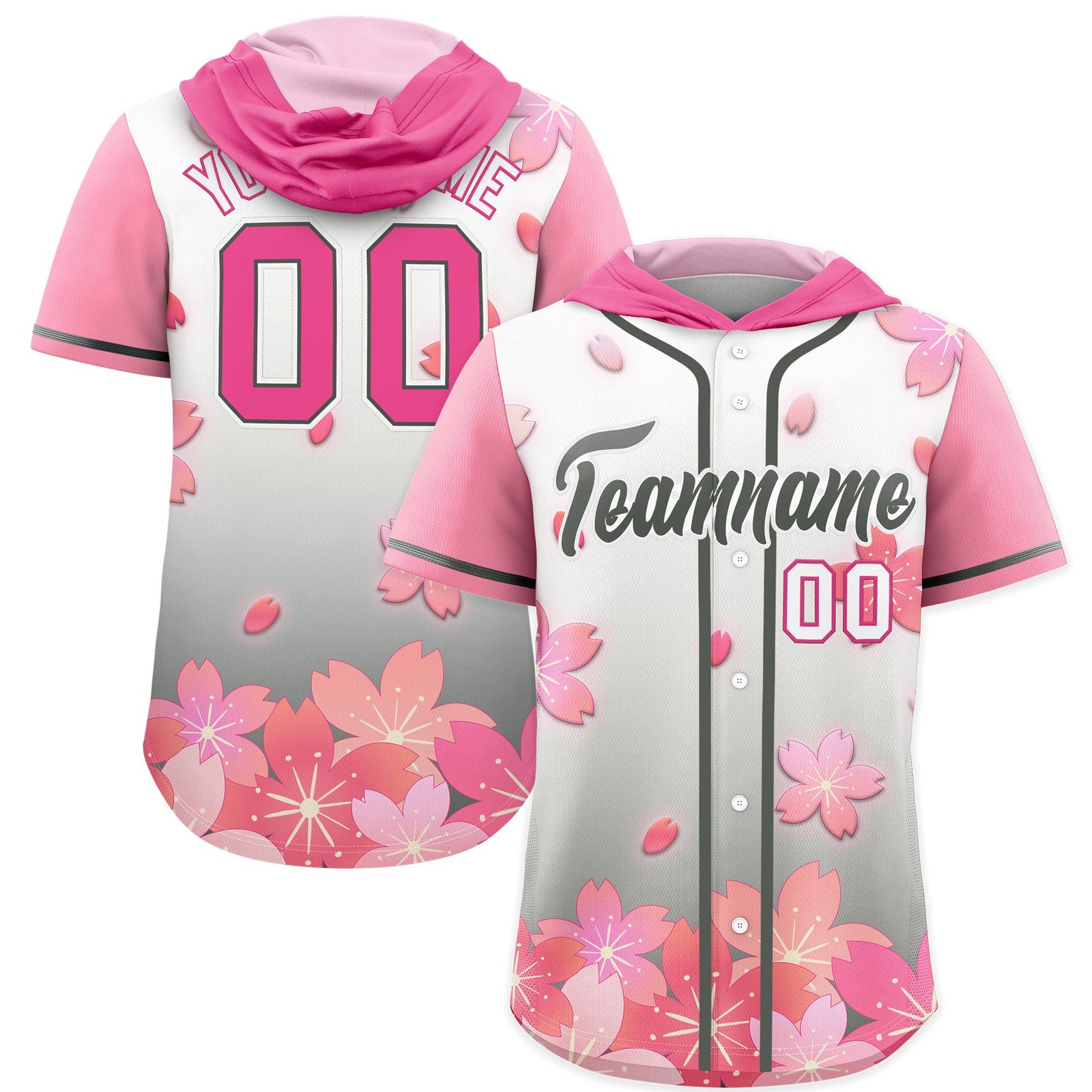 Custom Hooded Baseball Jersey | Pink Gray Cherry Blossom Moisture-Wicking Jersey for Men & Women