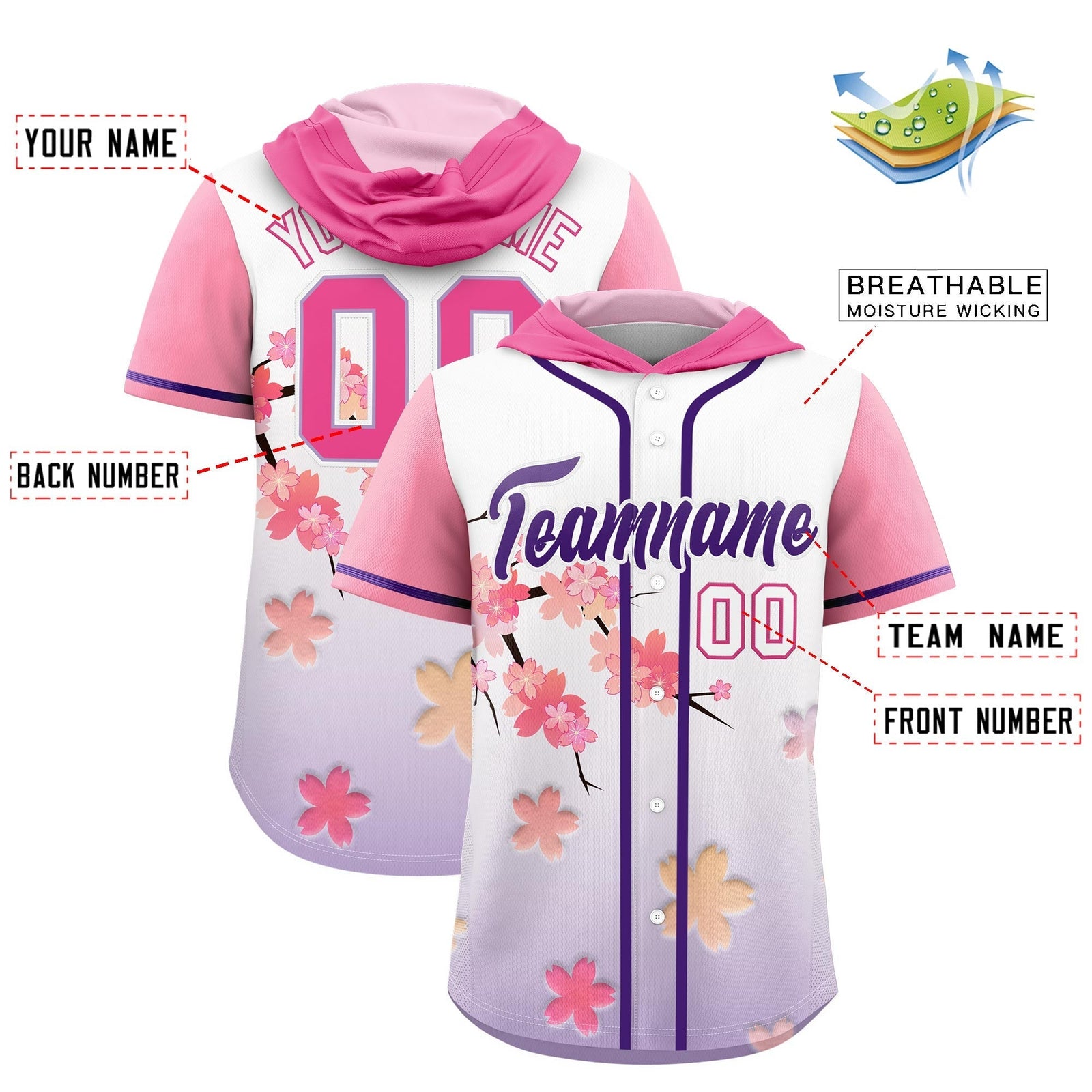 Custom Hooded Baseball Jersey | Pink Purple Cherry Blossom Moisture-Wicking Jersey for Men & Women