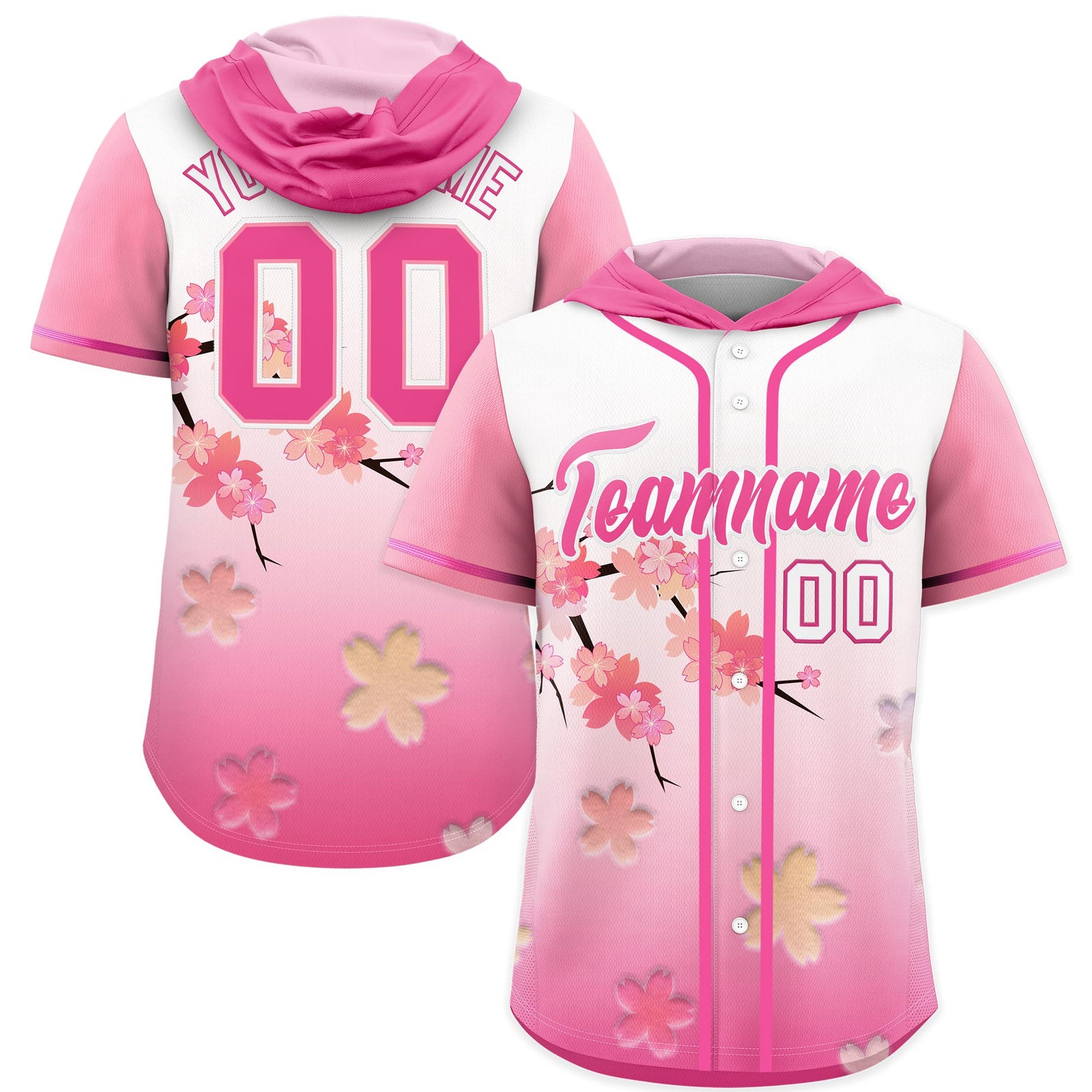 Custom Hooded Baseball Jersey | Pink White Cherry Blossom Personalized Name & Number Sport Jersey