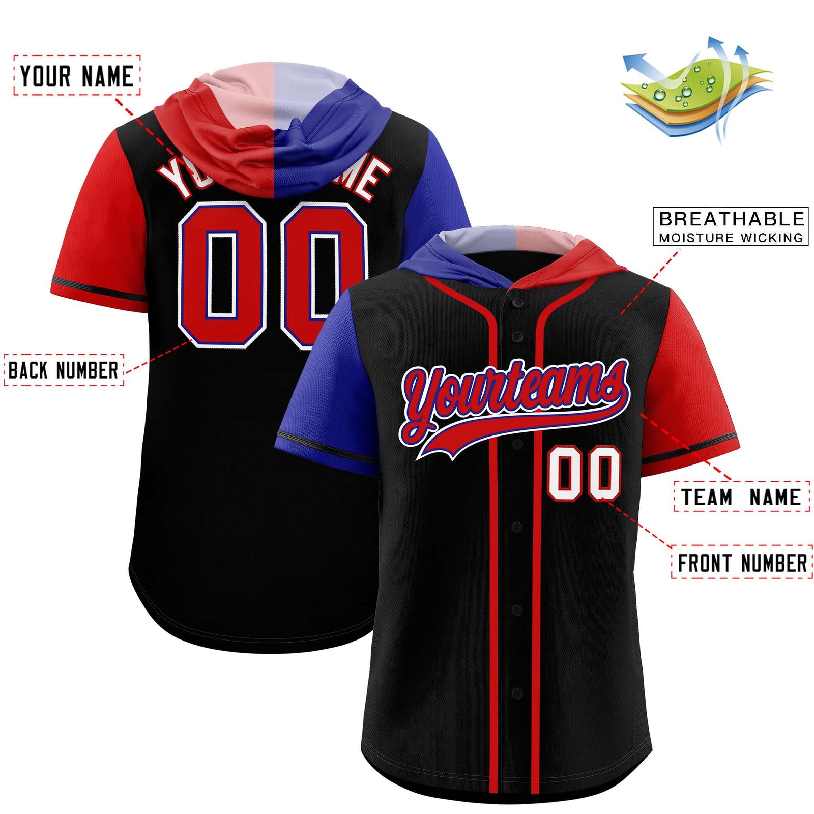 Custom Black Royal and Red Split Fashion Raglan Sleeves Authentic Baseball Hoodie Jersey