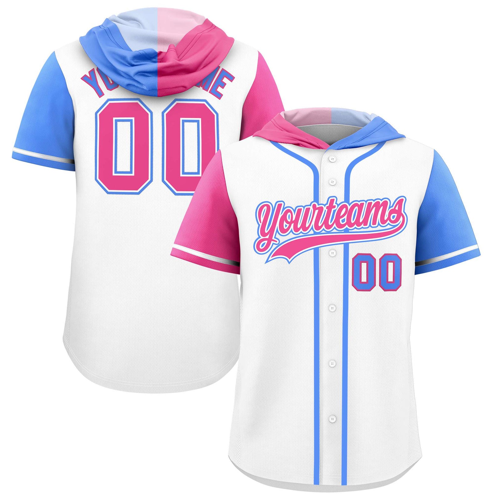 Custom White Pink and Powder Blue Split Fashion Raglan Sleeves Authentic Baseball Hoodie Jersey