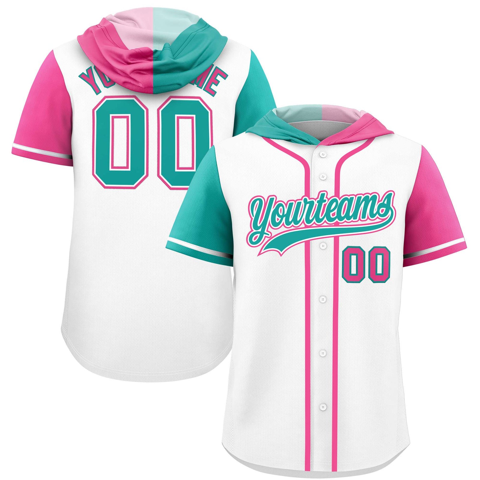 Custom White Aqua and Pink Split Fashion Raglan Sleeves Authentic Baseball Hoodie Jersey