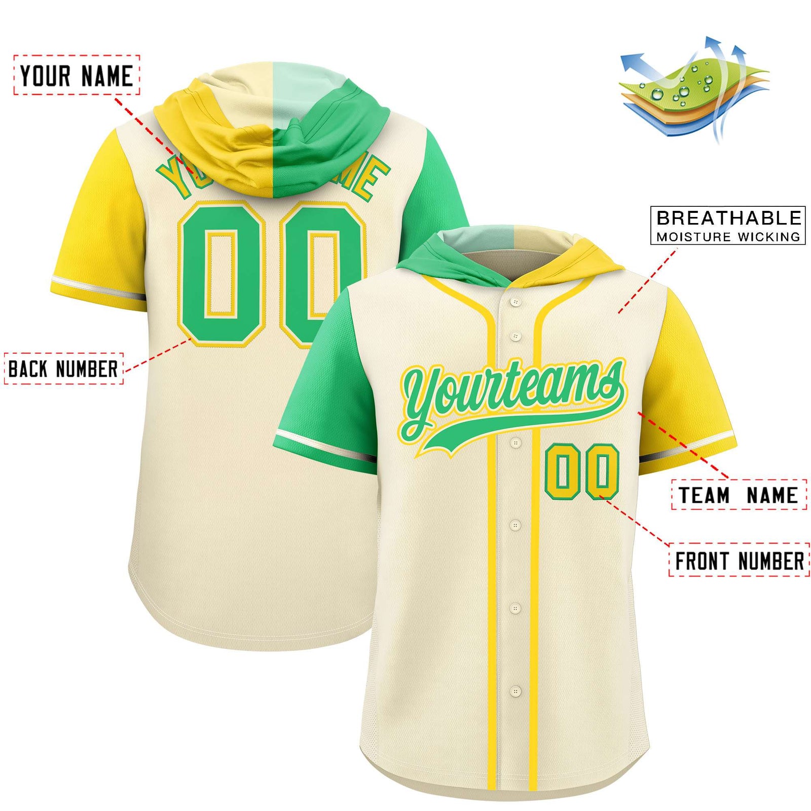 Custom Cream Bright Green and Gold Split Fashion Raglan Sleeves Authentic Baseball Hoodie Jersey