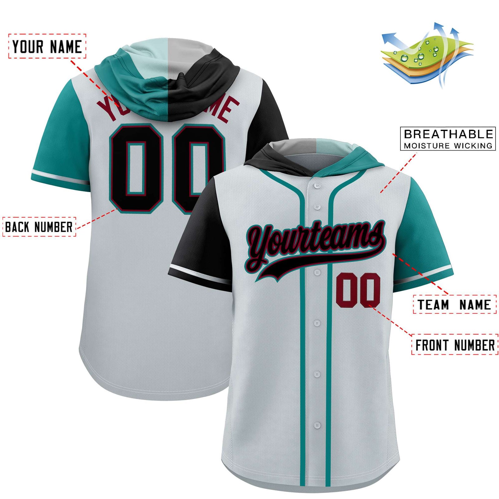 Custom Silver Black and Aqua Split Fashion Raglan Sleeves Authentic Baseball Hoodie Jersey