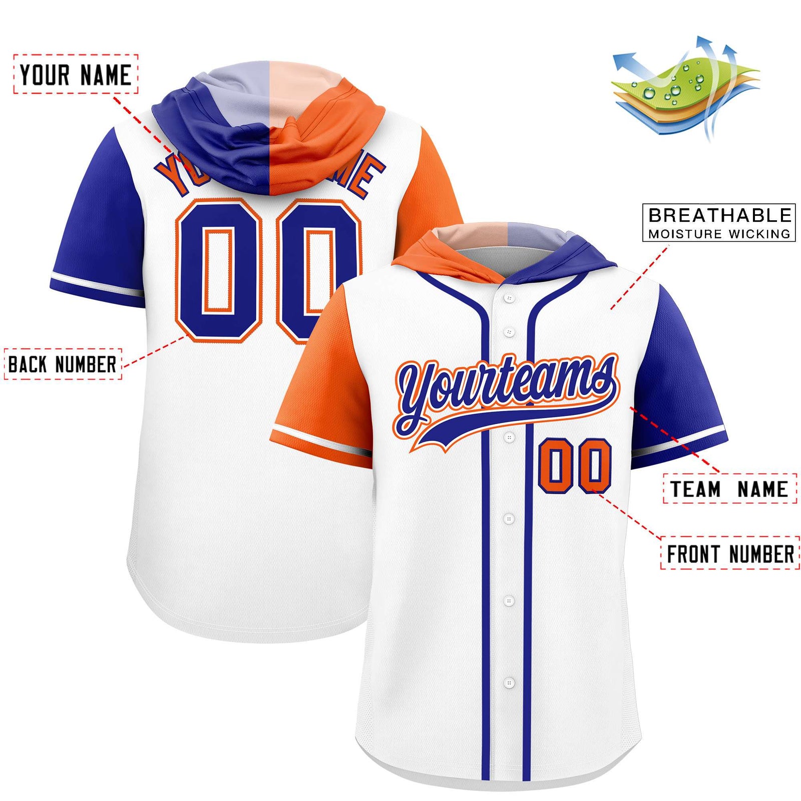 Custom White Orange and Royal Split Fashion Raglan Sleeves Authentic Baseball Hoodie Jersey