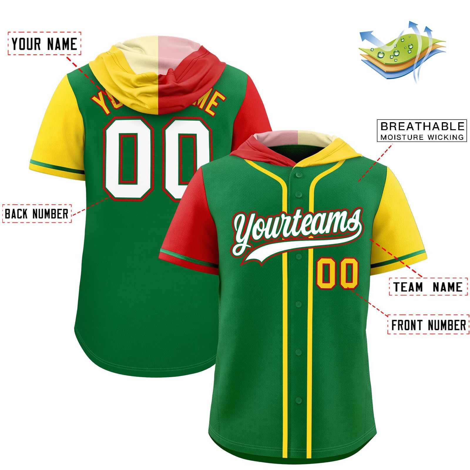 Custom Kelly Green Red and Gold Split Fashion Raglan Sleeves Authentic Baseball Hoodie Jersey