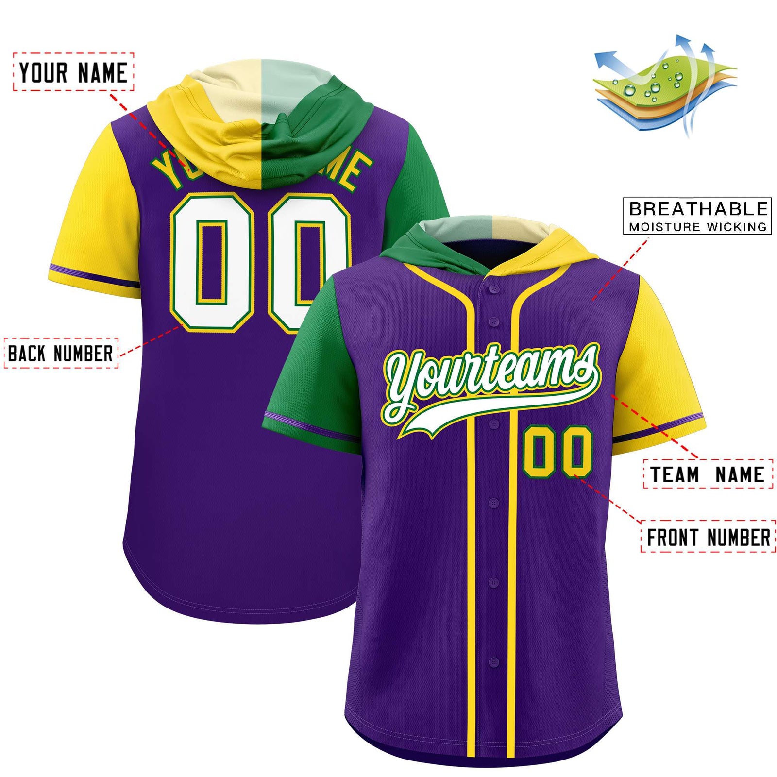 Custom Purple Kelly Green and Gold Split Fashion Raglan Sleeves Authentic Baseball Hoodie Jersey