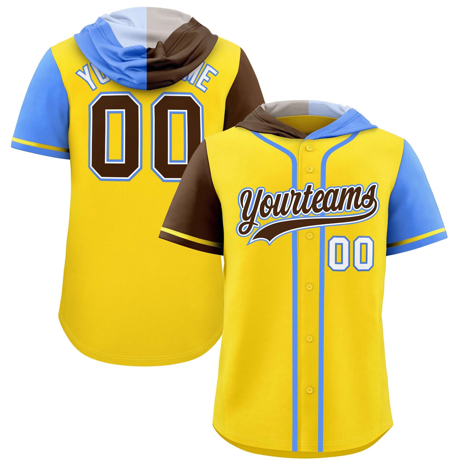 Custom Gold Brown and Powder Blue Split Fashion Raglan Sleeves Authentic Baseball Hoodie Jersey