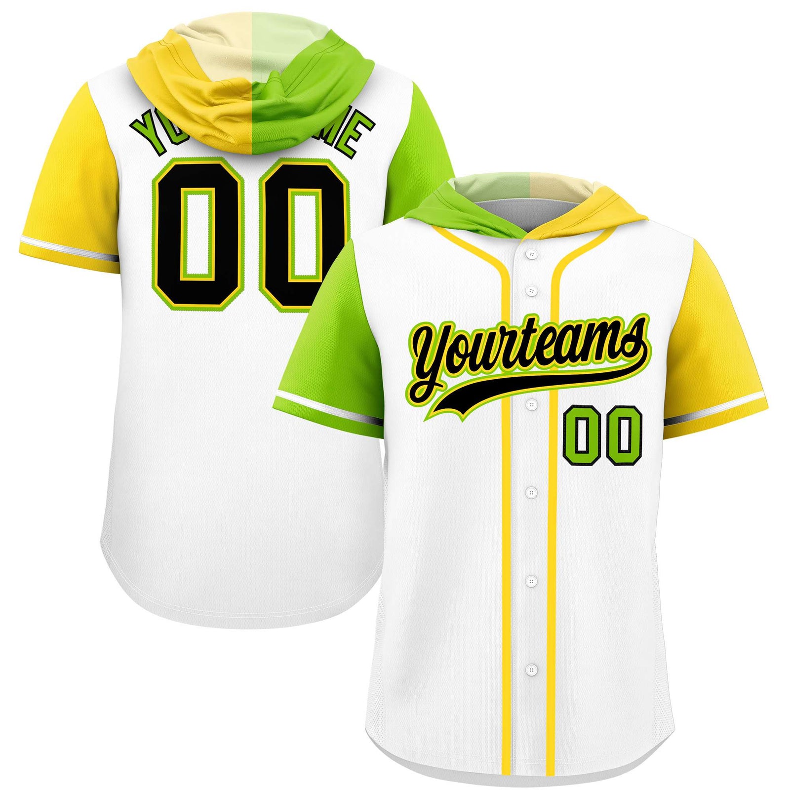 Custom White Neon Green and Gold Split Fashion Raglan Sleeves Authentic Baseball Hoodie Jersey