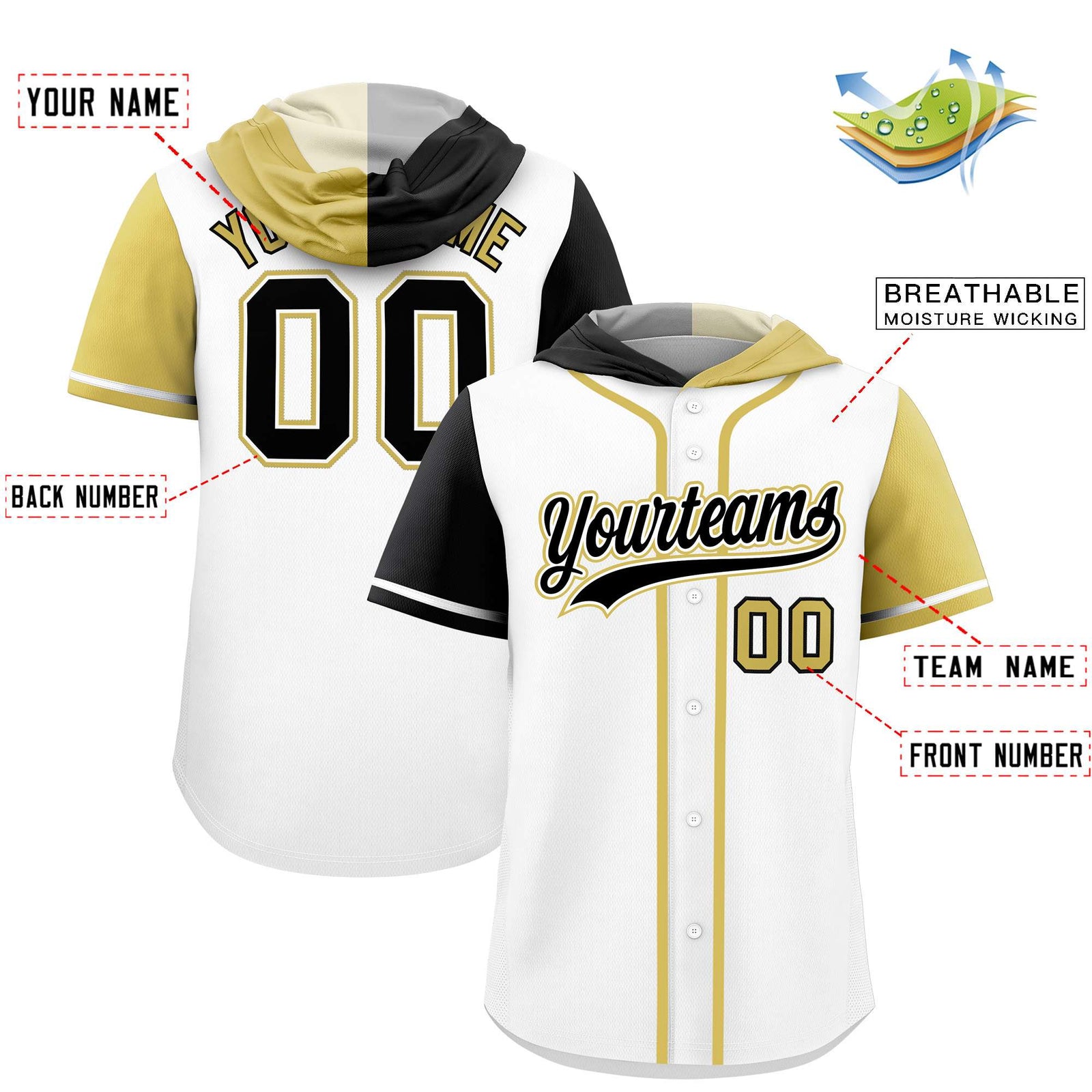 Custom White Black and Old Gold Split Fashion Raglan Sleeves Authentic Baseball Hoodie Jersey