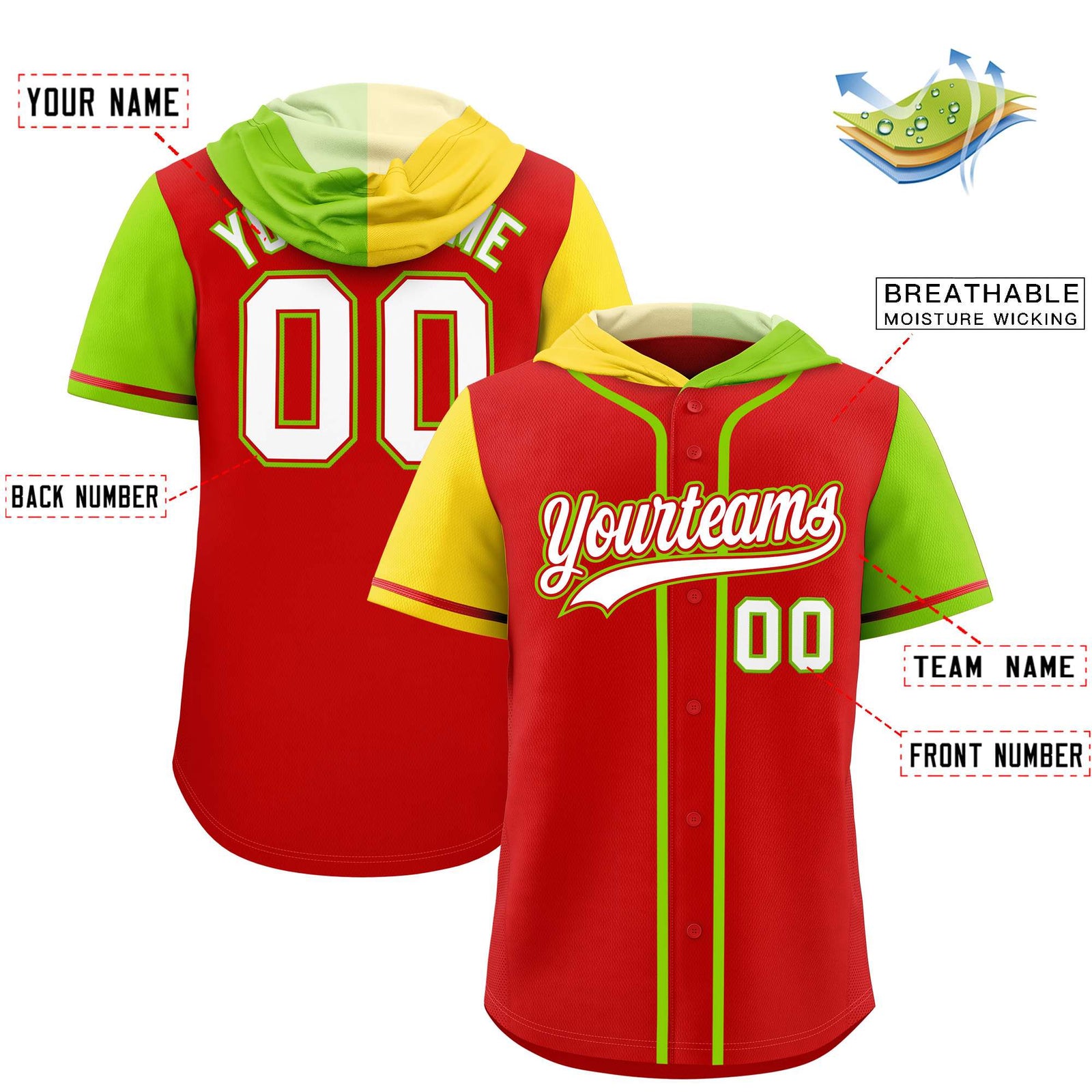 Custom Red Gold and Neon Green Split Fashion Raglan Sleeves Authentic Baseball Hoodie Jersey
