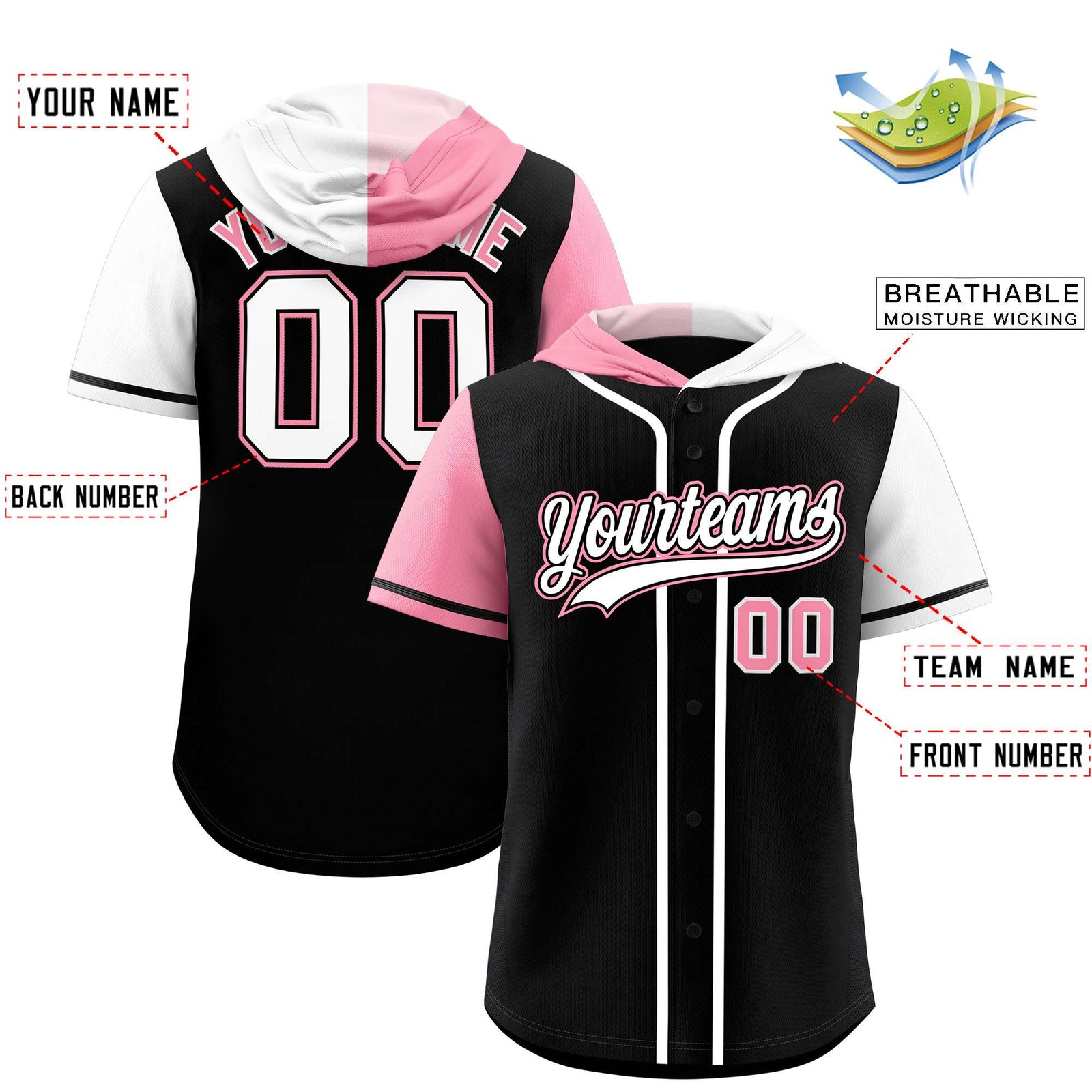 Custom Black Light Pink and White Split Fashion Raglan Sleeves Authentic Baseball Hoodie Jersey