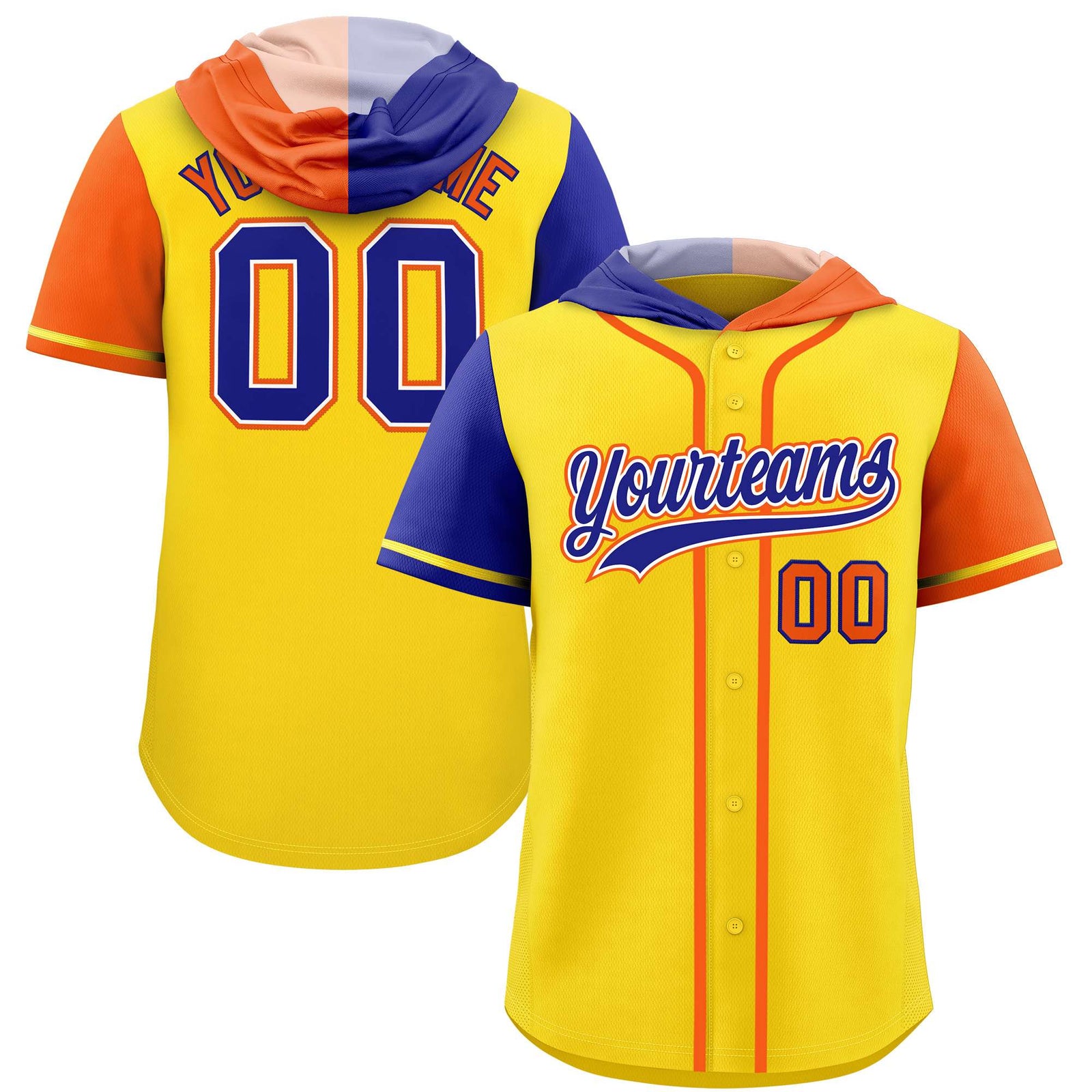 Custom Gold Royal and Orange Split Fashion Raglan Sleeves Authentic Baseball Hoodie Jersey
