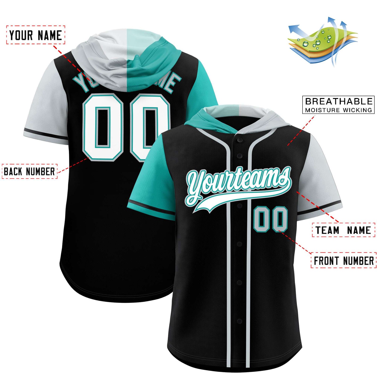 Custom Black Aqua and Silver Split Fashion Raglan Sleeves Authentic Baseball Hoodie Jersey