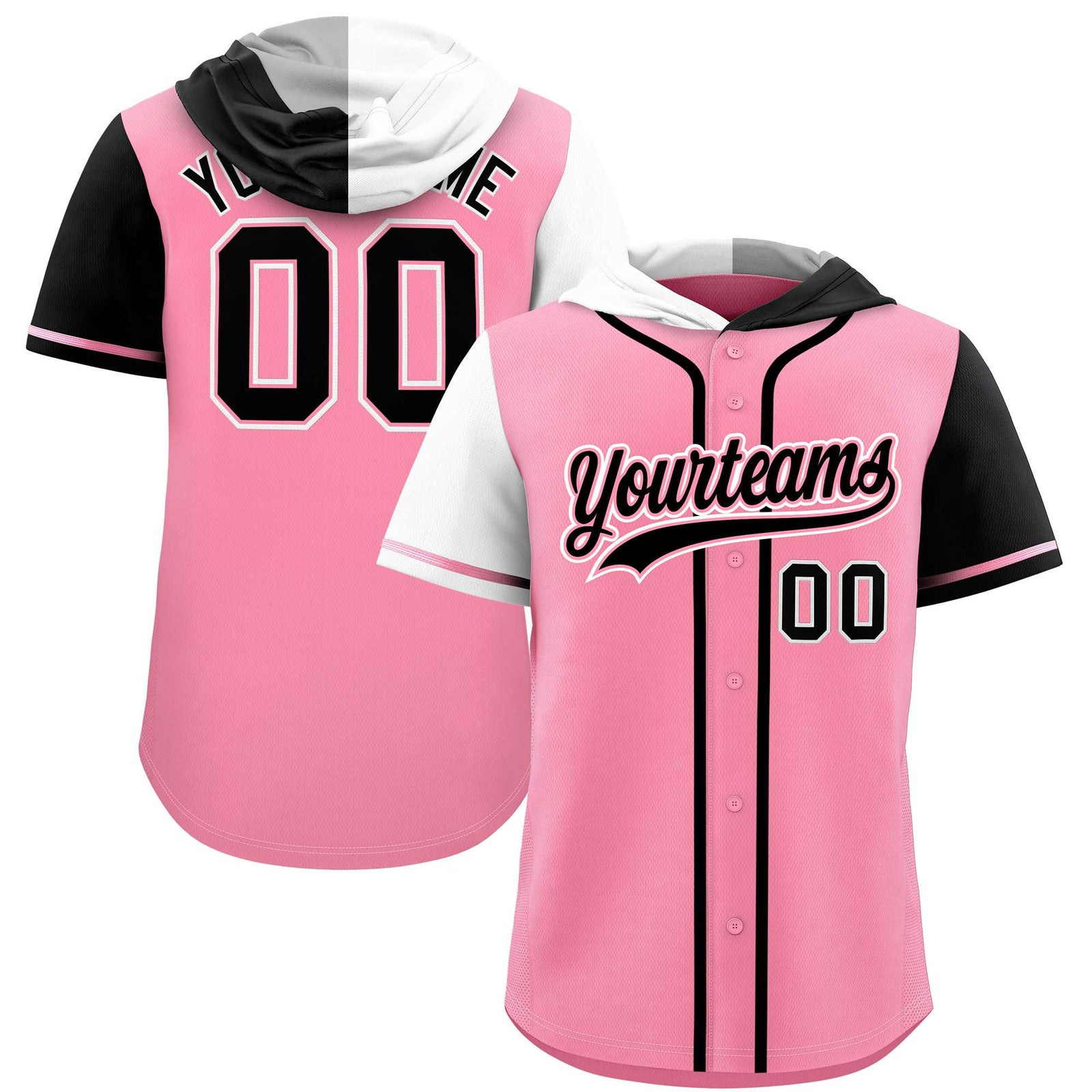Custom Light Pink White and Black Split Fashion Raglan Sleeves Authentic Baseball Hoodie Jersey