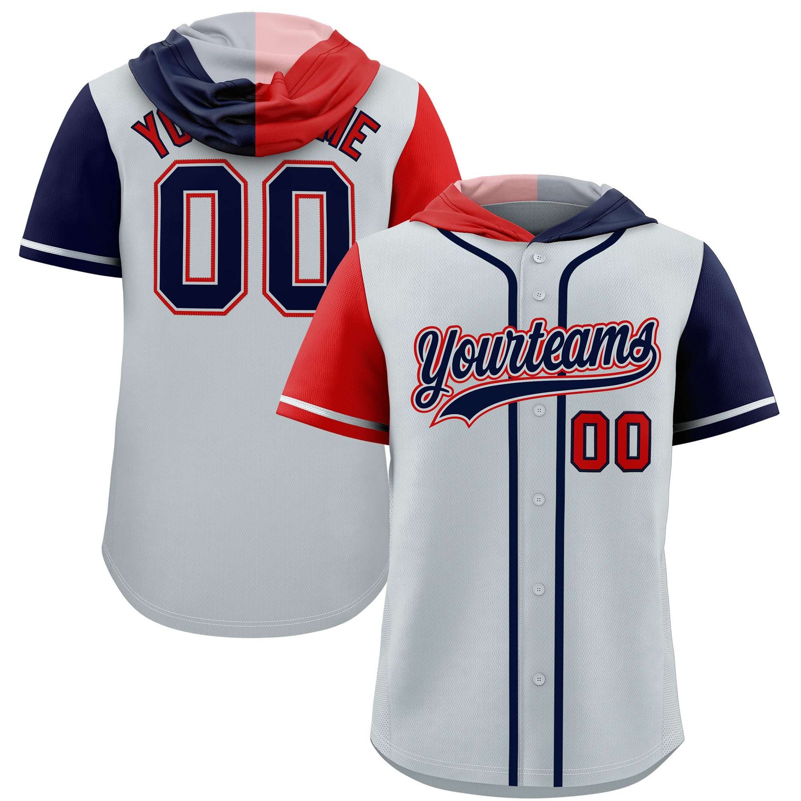 Custom Silver Red and Navy Split Fashion Raglan Sleeves Authentic Baseball Hoodie Jersey