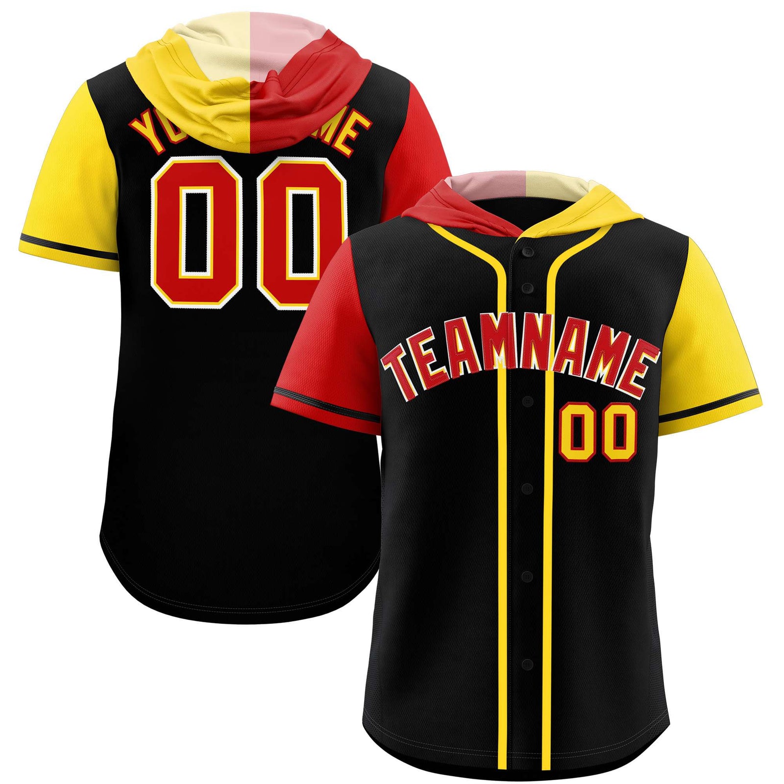 Custom Black Red and Gold Split Fashion Raglan Sleeves Authentic Baseball Hoodie Jersey