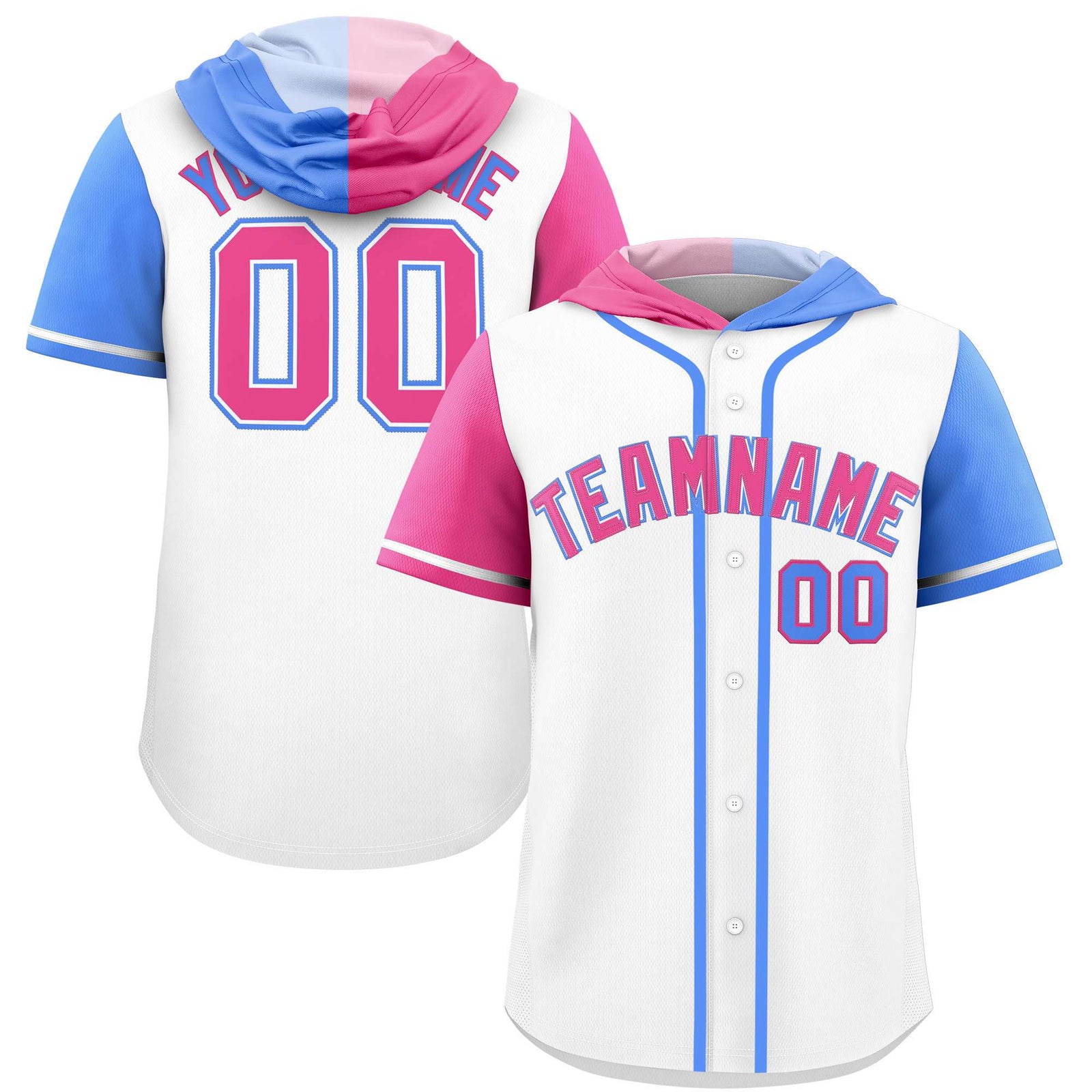 Custom White Pink and Powder Blue Split Fashion Raglan Sleeves Authentic Baseball Hoodie Jersey