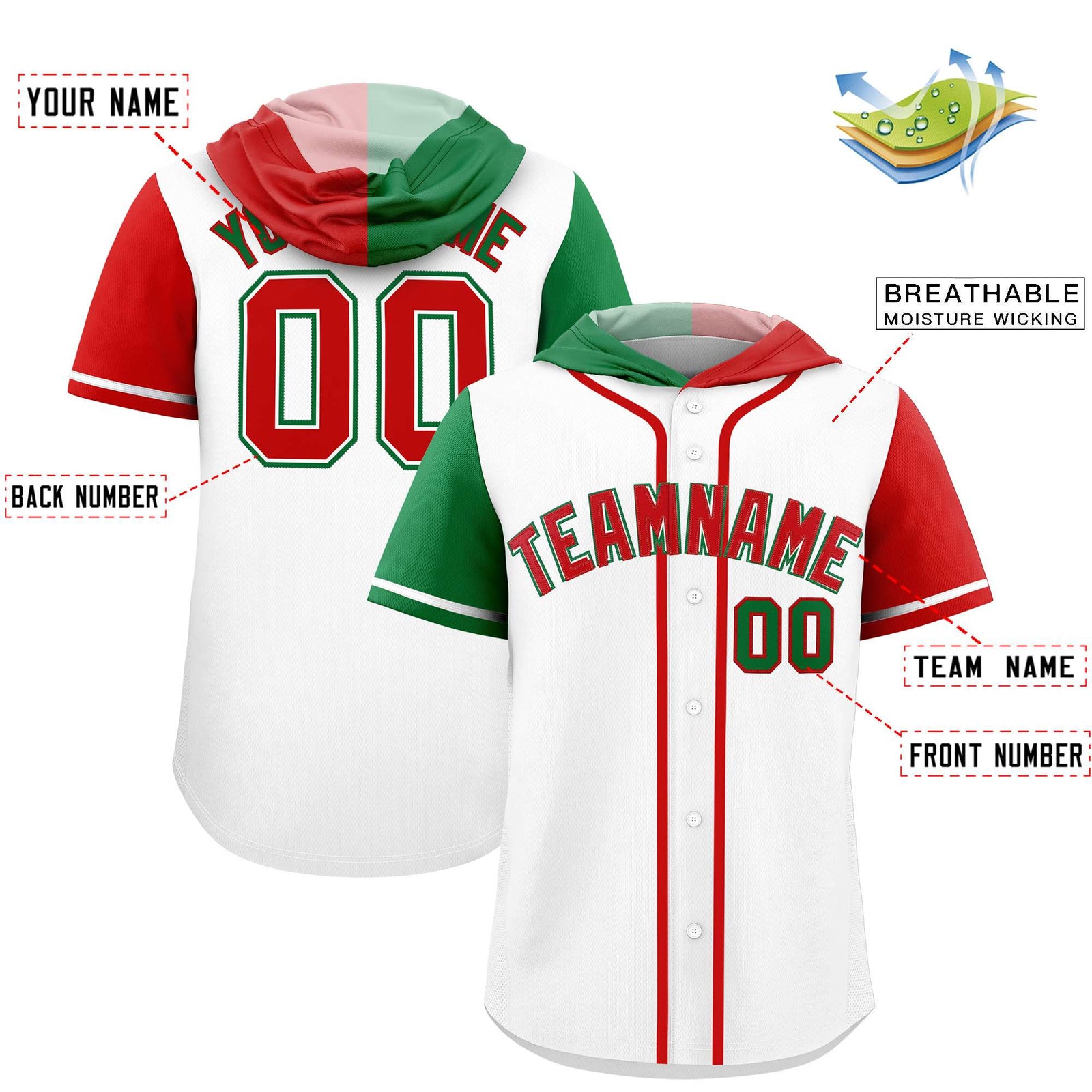 Custom White Kelly Green and Red Split Fashion Raglan Sleeves Authentic Baseball Hoodie Jersey