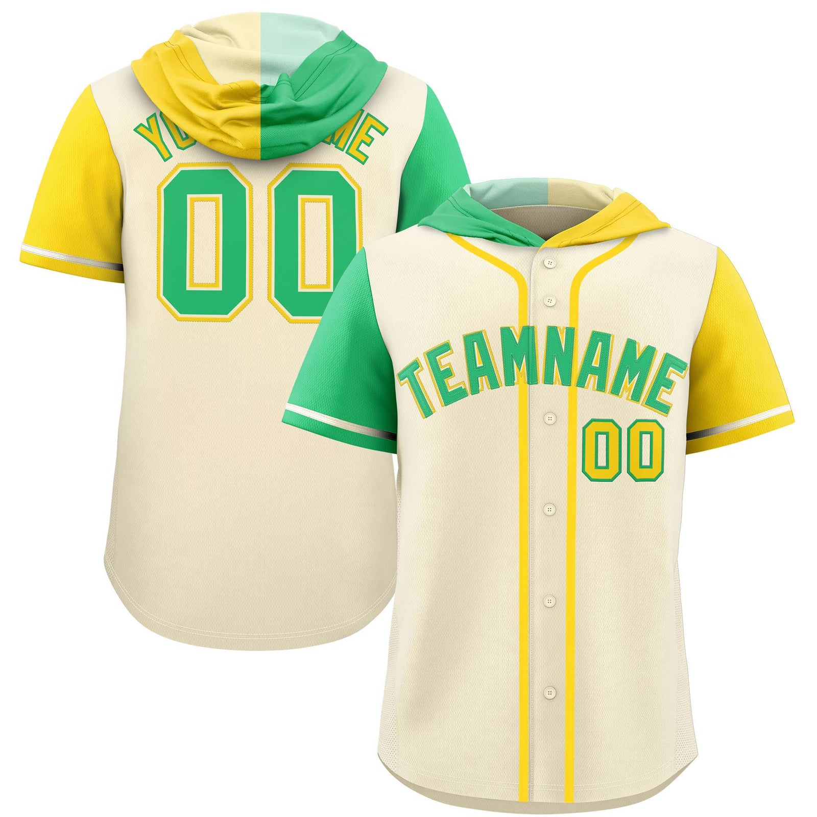 Custom Cream Bright Green and Gold Split Fashion Raglan Sleeves Authentic Baseball Hoodie Jersey